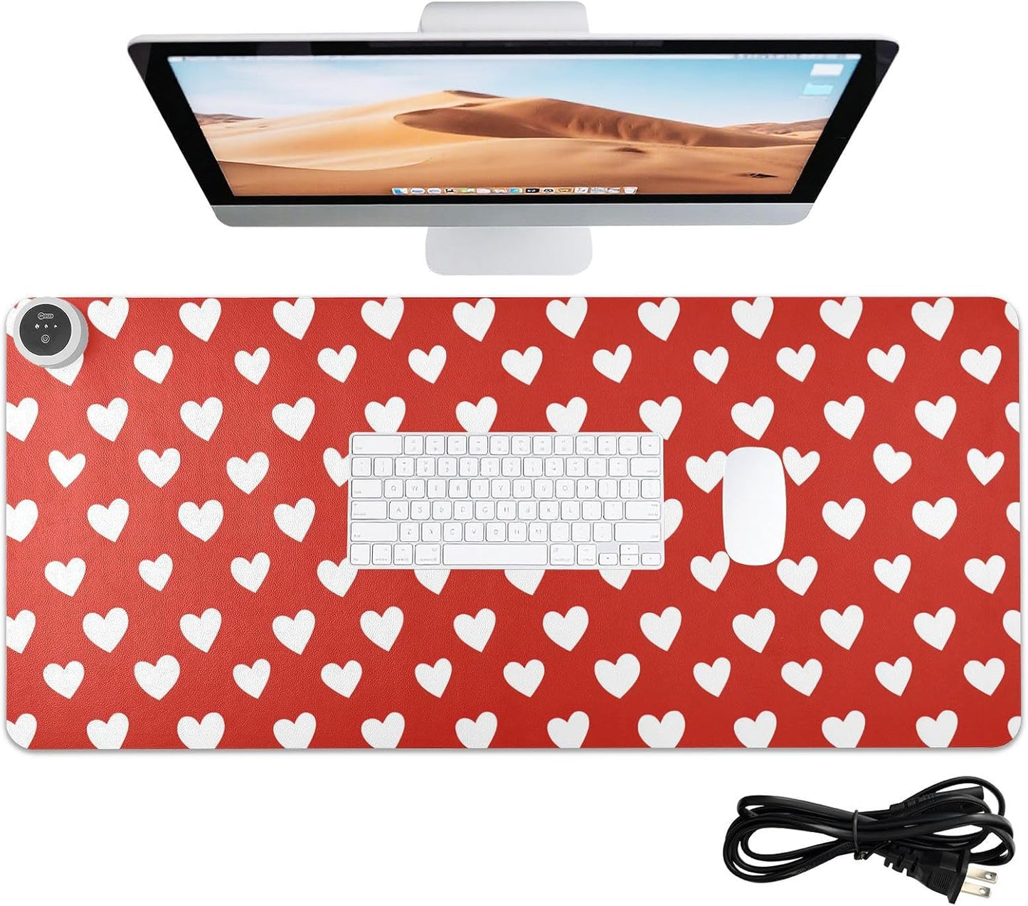 Heated Desk Pad Mouse Pad 31.5x13 Inch PU Leather Desk Mat with 3 Heat Levels Large Mouse Gaming Computer Laptop Mat Red Heart Valentine