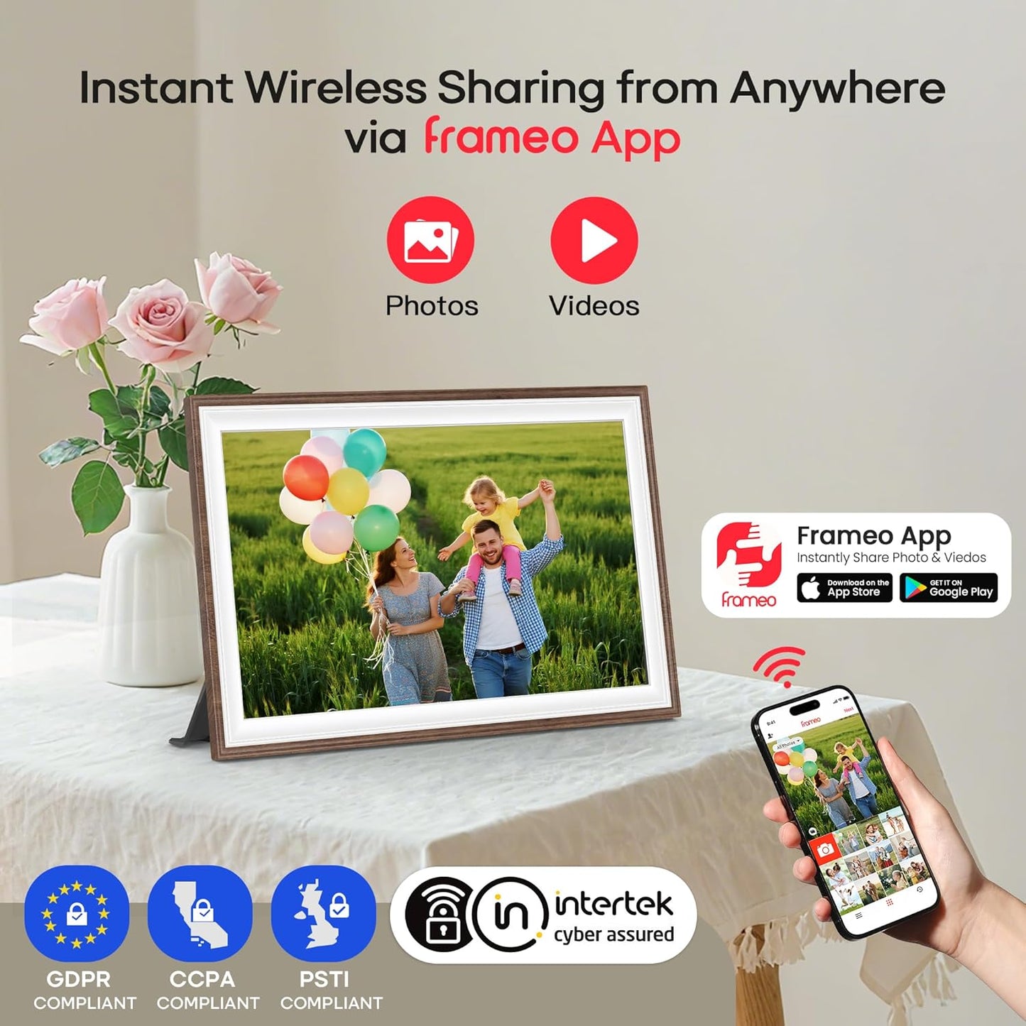 Frameo 10.1" Wood WiFi Digital Picture Frame with 32GB Memory, 1280 x 800 IPS HD Touch Screen Electronic Photo Frame, Auto-Rotate, Slideshow, Wall Mountable, Share Photos/Video Remotely Anywhere