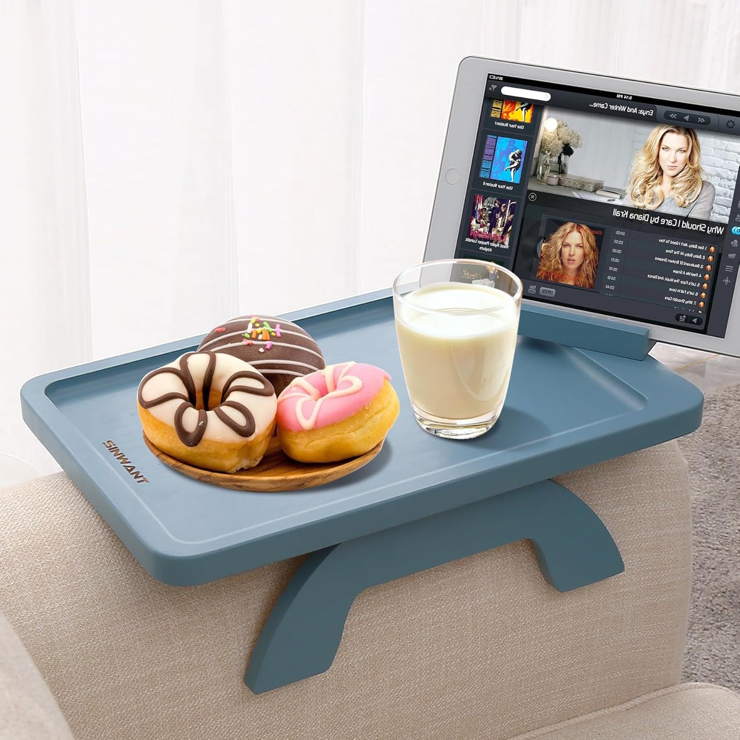 SINWANT Couch Arm Table, Bamboo Sofa Clip on Tray Tables,Sofa Armrest Tray with 360° Phone Holder,Couch Armrest Table for Eating and Drinking