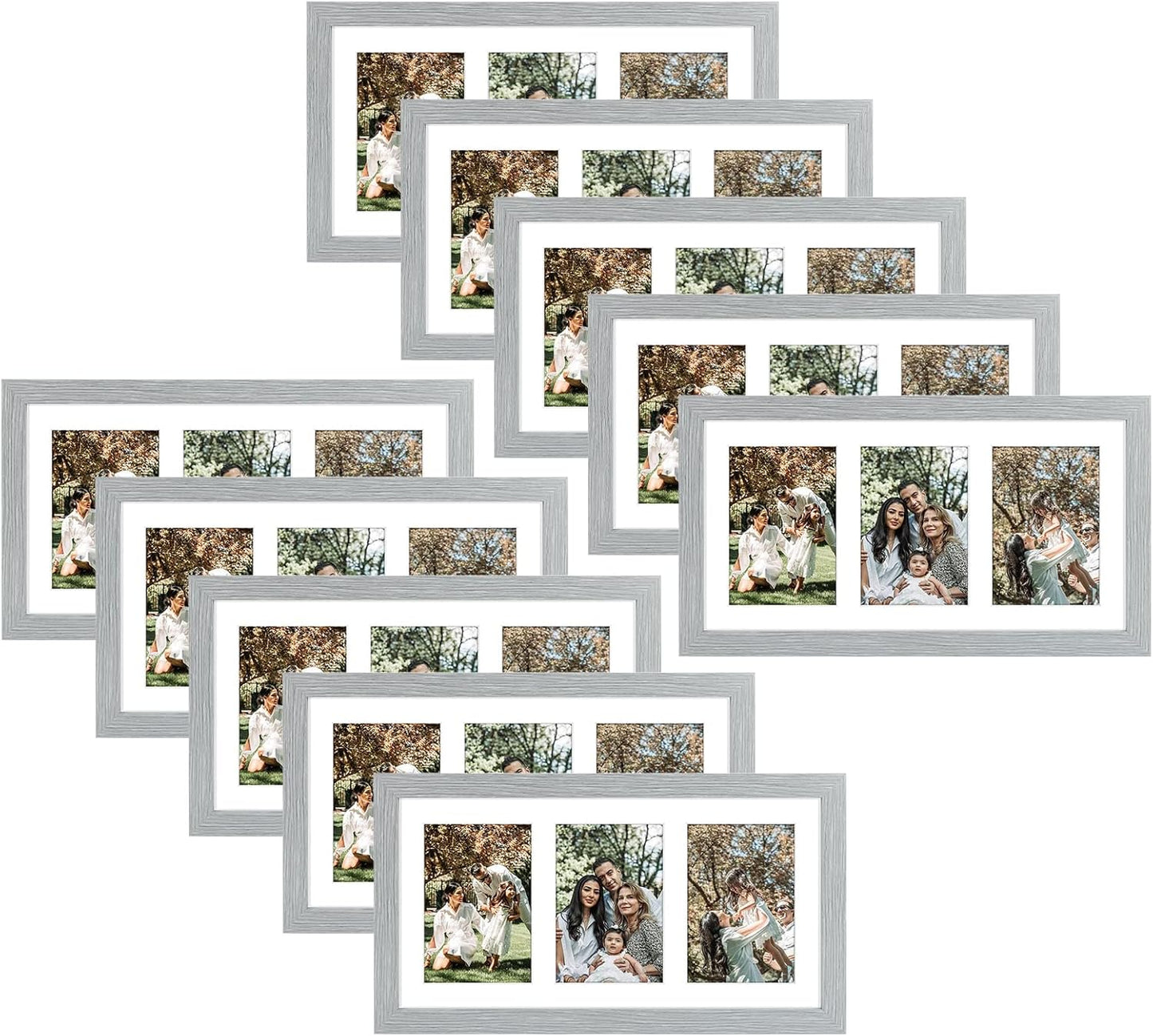 Golden State Art, Set of 10, 9x18 Grey Wood Frame - White Mat for Three 5x7 Pictures - Sawtooth Hangers- Swivel Tabs - Wall Mounting - Landscape/Portrait - Real Glass - Collage Frame