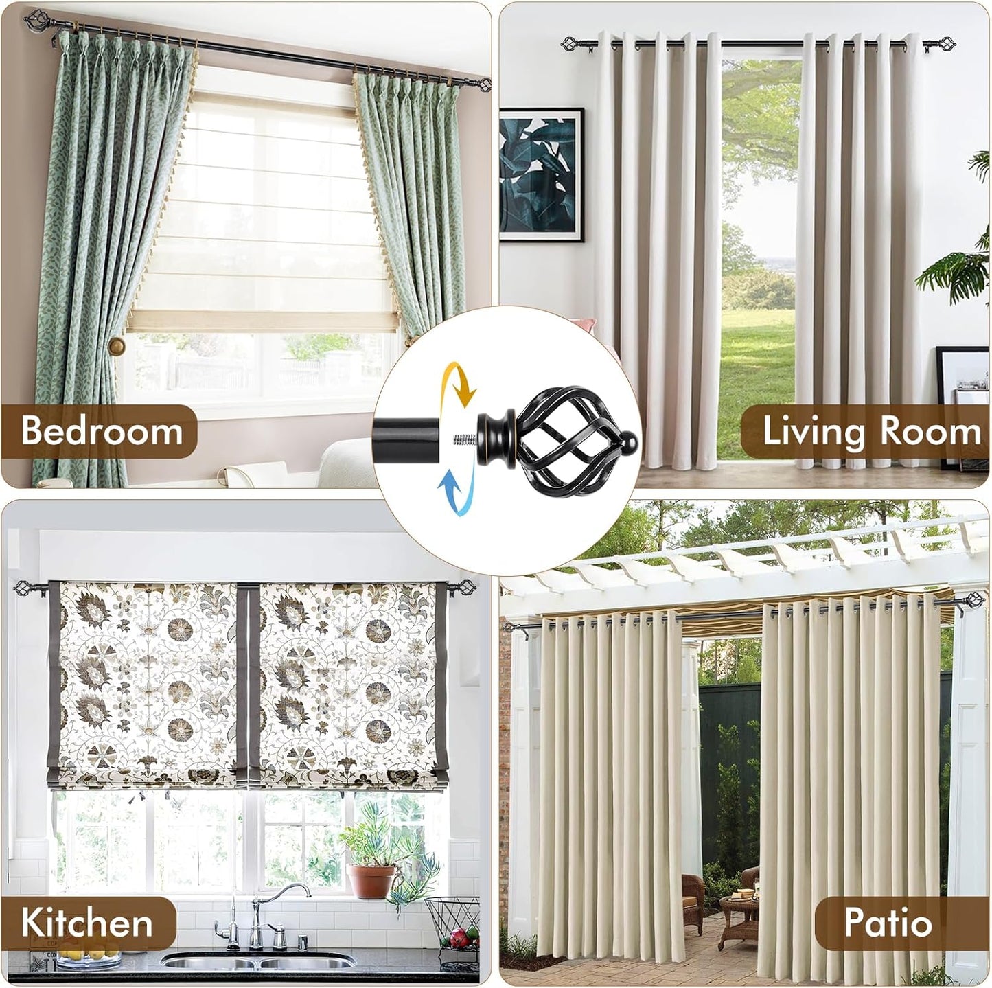 KAMANINA Black Curtain Rod 32 to 58 Inch(2.6-4.8ft), Adjustable Curtain Rods for Windows 28 to 48 Inch, 3/4 Inch Splicing Drapery Rods with Twisted Cage Finial