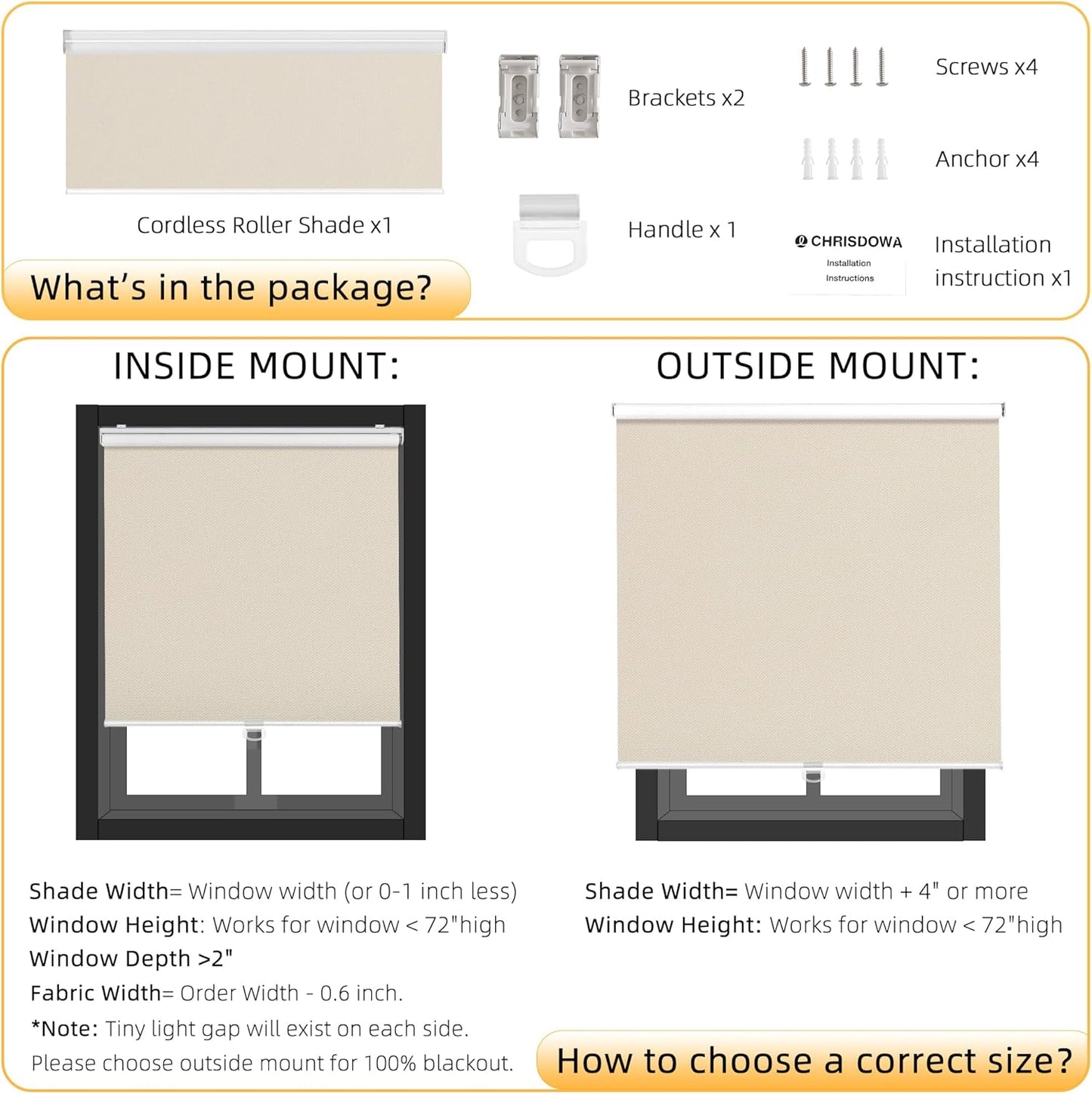 ChrisDowa Cordless Blackout Roller Shades for Windows, Thermal Insulated UV Protection Pull Down Shades, Total Blackout Window Blinds for Home, Office, Bedroom, Door (32" W x 72" H, Beige)