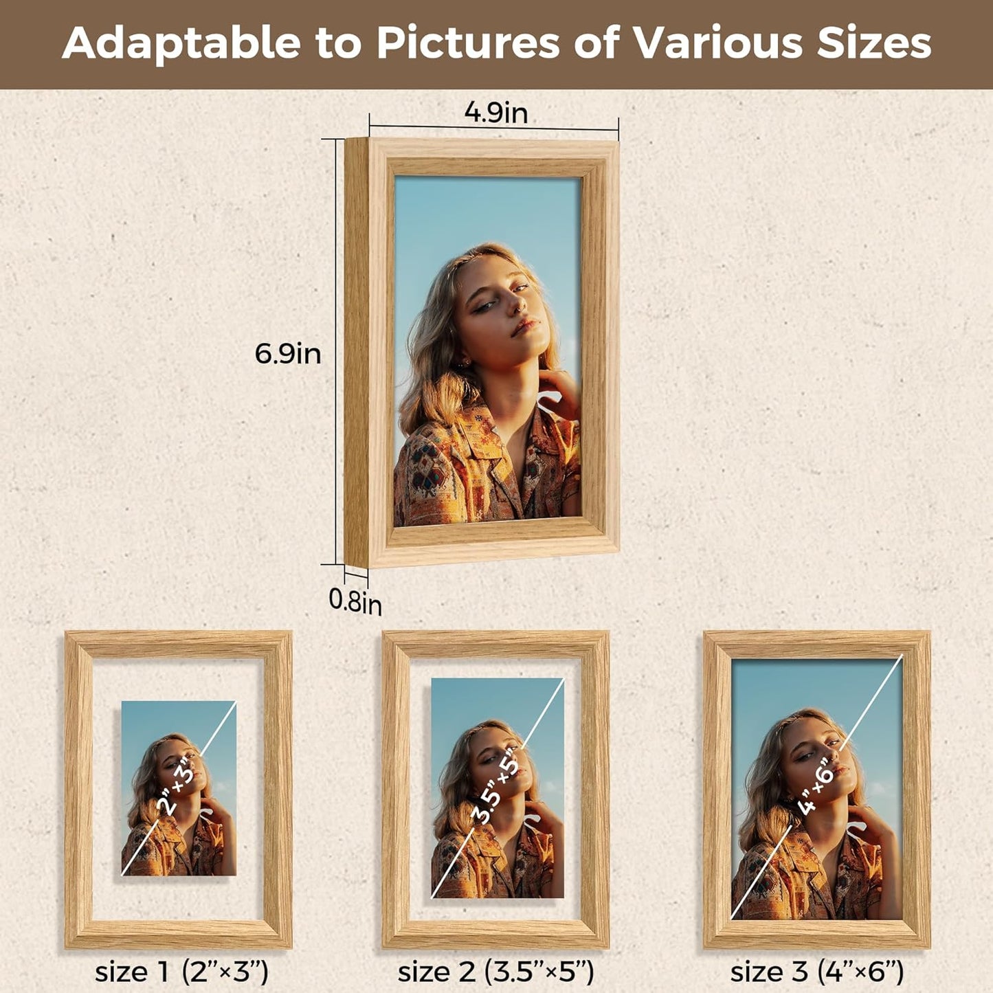 Axeman 4x6 Floating Picture Frame - Solid Oak Wood Picture Frame, Double Tempered Glass Photo Frame 2x3 3.5x5 4''x6'' Wood Frame, Wall Mount Or Tabletop Standing, Natural
