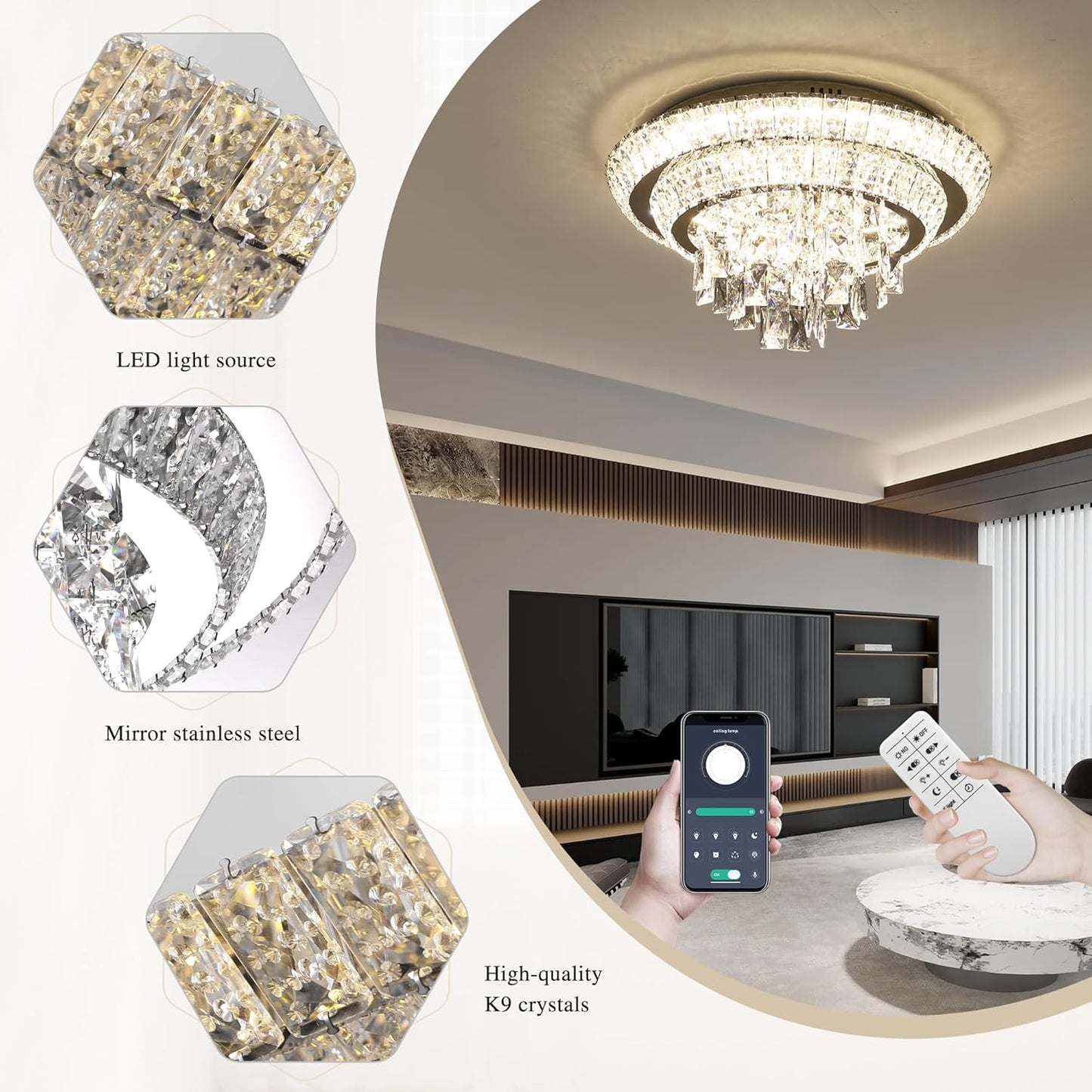 COCOSTAR 18 inch Flush Mount Crystal Chandeliers with Remote and APP, Modern Elegant LED Crystal Raindrop Ceiling Light Fixture, 3CCT Dimmable, for Living Room Kitchen Island Bedroom Entryway Foyer