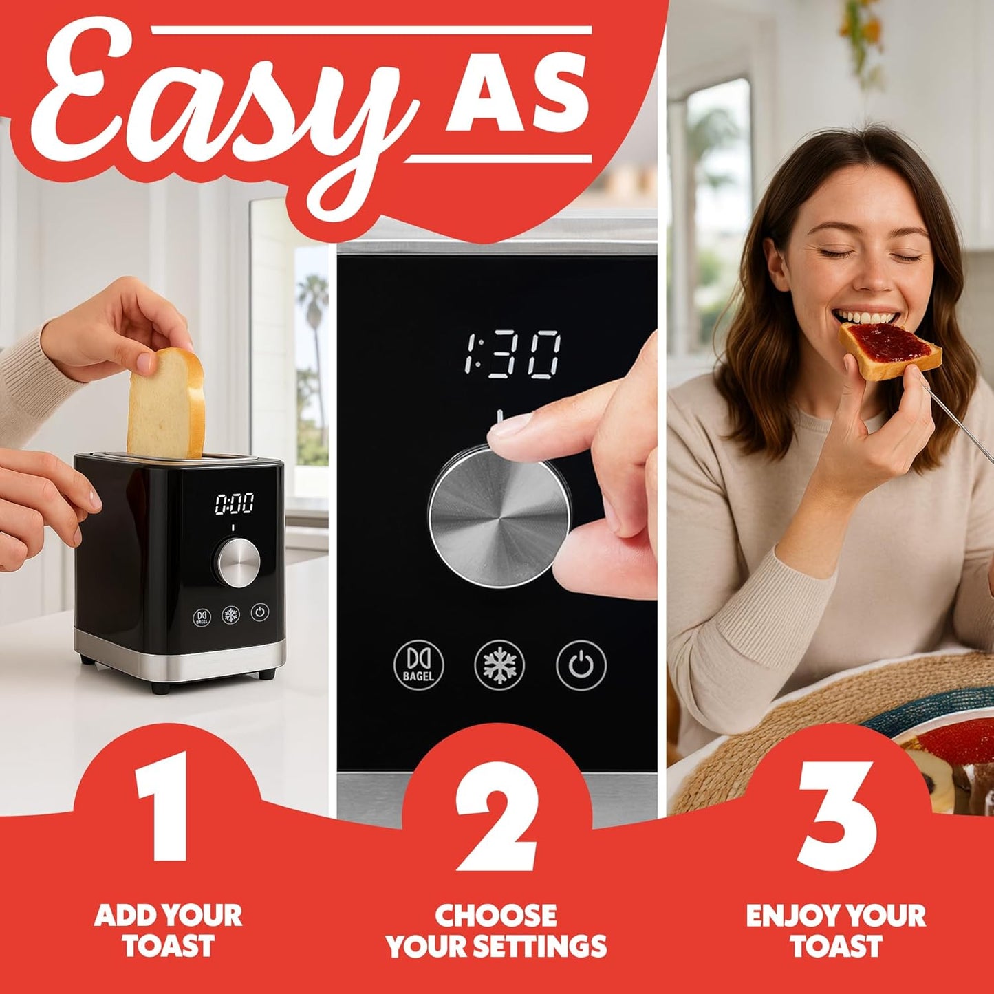Gourmia 2 Slice Toaster – 6 Browning Levels with Bagel and Defrost Mode, One-Touch Toasting, Removable Crumb Tray, Extra Wide Slots, Compact Design, Black
