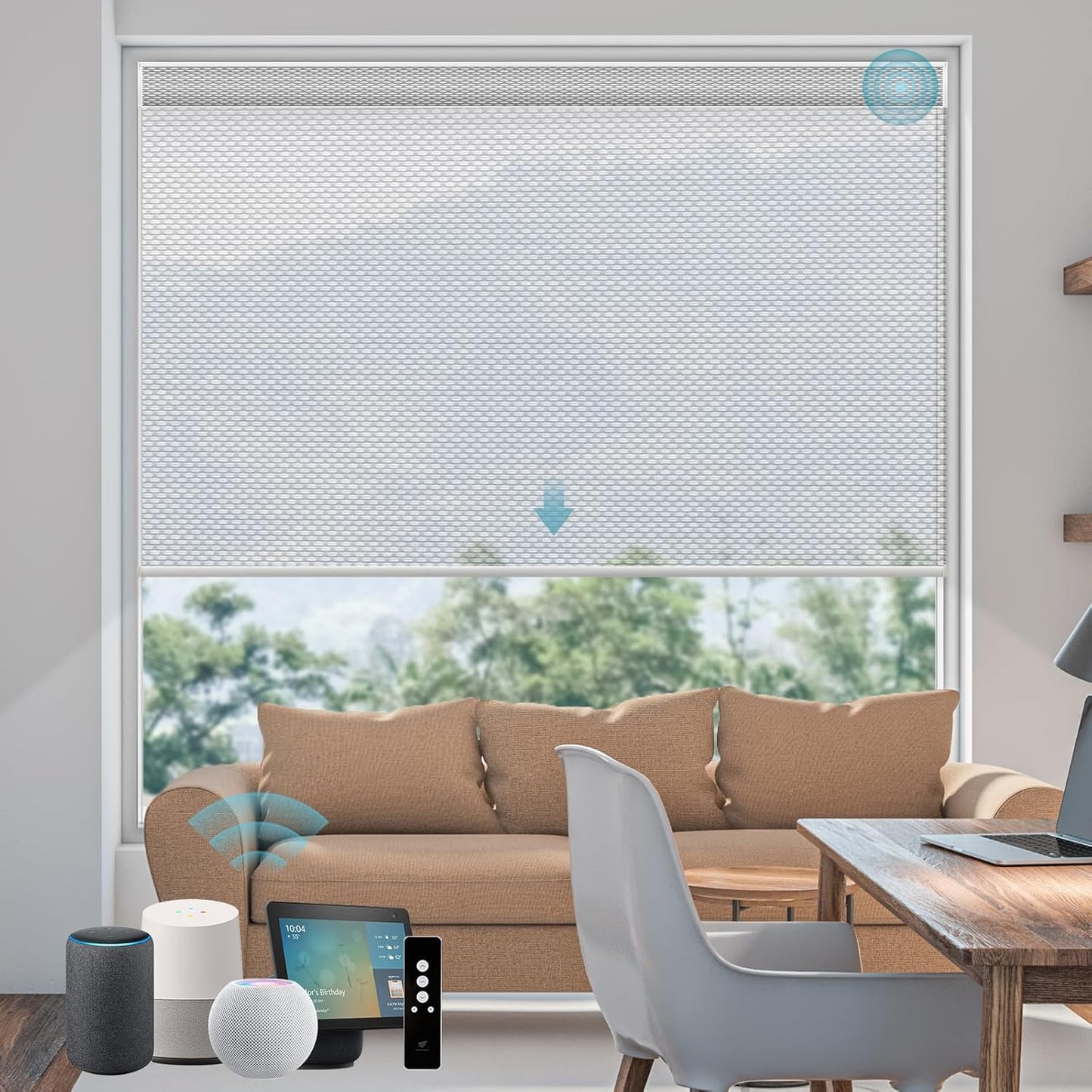 SmartWings Motorized Smart Blinds for Windows in Light Filtering, Electric Remote Roller Shades Compatible with Alexa/Google Home/Homekit, Custom Up to 110”W x 148”H, 5% Openness Aventus White Grey