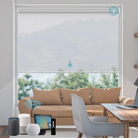 SmartWings Motorized Smart Blinds for Windows in Light Filtering, Electric Remote Roller Shades Compatible with Alexa/Google Home/Homekit, Custom Up to 110”W x 148”H, 5% Openness Aventus White Grey