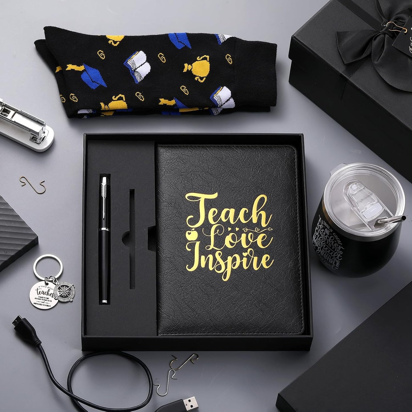 6 Pcs Christmas Teacher Gifts for Men Teacher Appreciation Thank You Gifts Sets 12 oz Stainless Steel Cup Socks Keychain Pen Notebook Gift Box for Educators School Staff Instructor Mentor