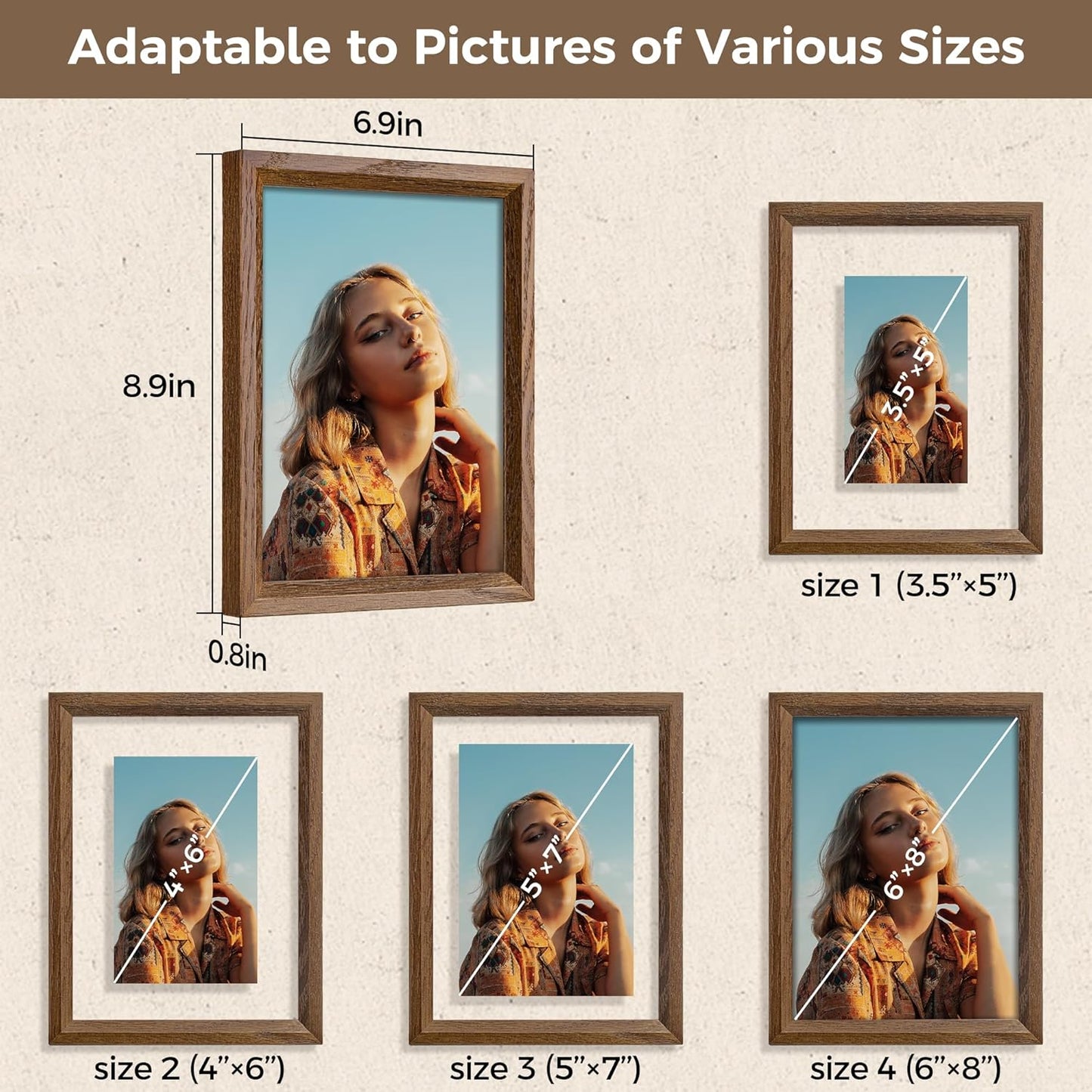 Axeman 6x8 Floating Picture Frame - Solid Oak Wood Picture Frame, Double Tempered Glass Photo Frame 2x3 4x6 5x7 6''x8'' Wood Frame, Wall Mount Or Tabletop Standing, Walnut