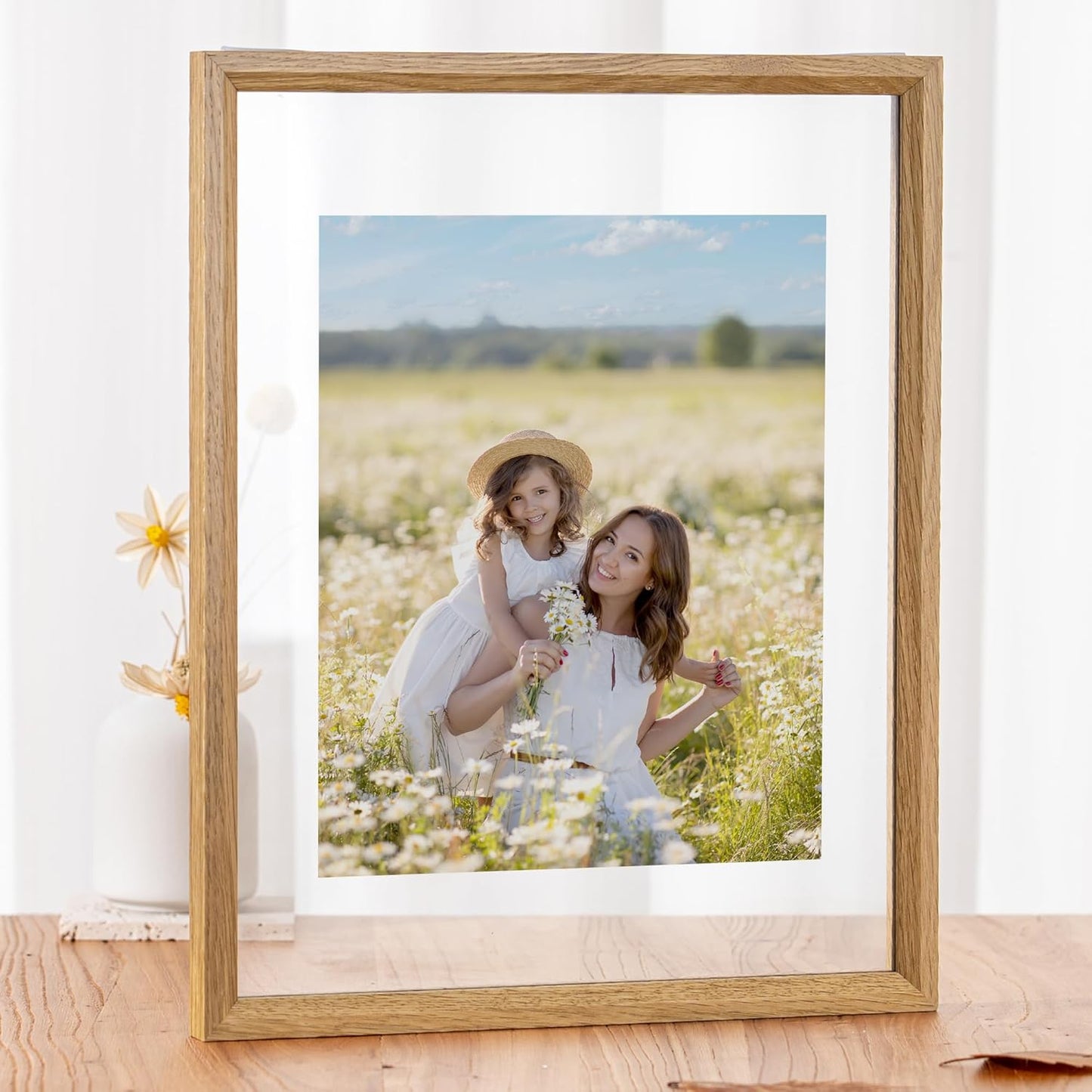 Axeman 11x14 Floating Picture Frame - Solid Oak Wood Square Picture Frame, Double Tempered Glass Photo Frame 4x6 5x7 8x10 11''x14'' Wood Frame, Wall Mount Or Tabletop Standing, Natural