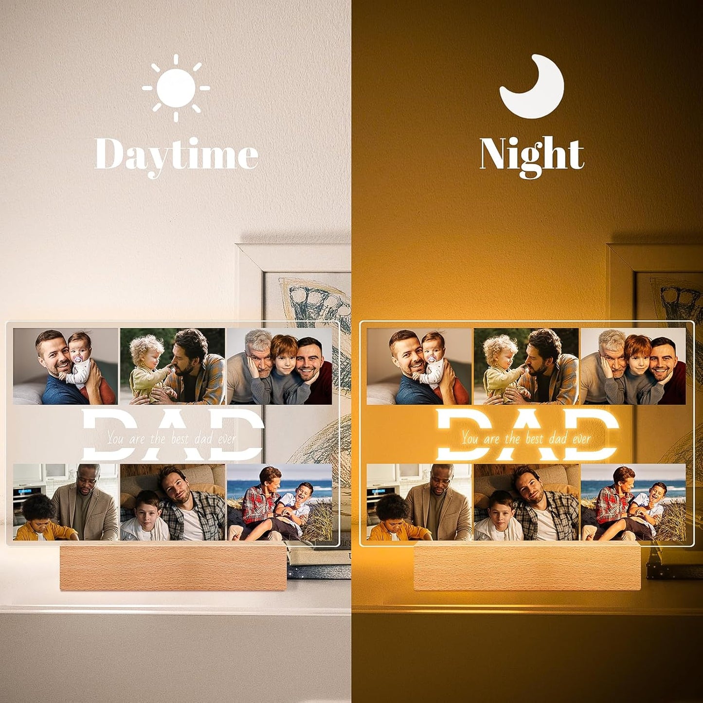 Personalized Gifts for Dad from Daughter Son, Custom Picture Frames with Photo, Customized Photo Frame with Night Light, Personalized Dad Birthday Gifts for Dad Baby Kids Family