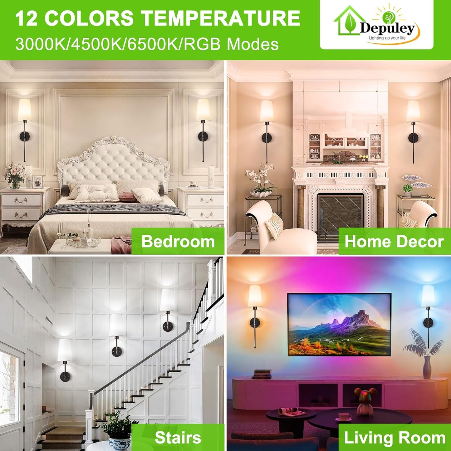 Depuley Battery Operated Wall Sconce: 27" Set of 2 Wireless Wall Lights with Remote for Bedroom - Rechargeable 15 Colors Black Wall Lamp for Living Room Hallway Decor