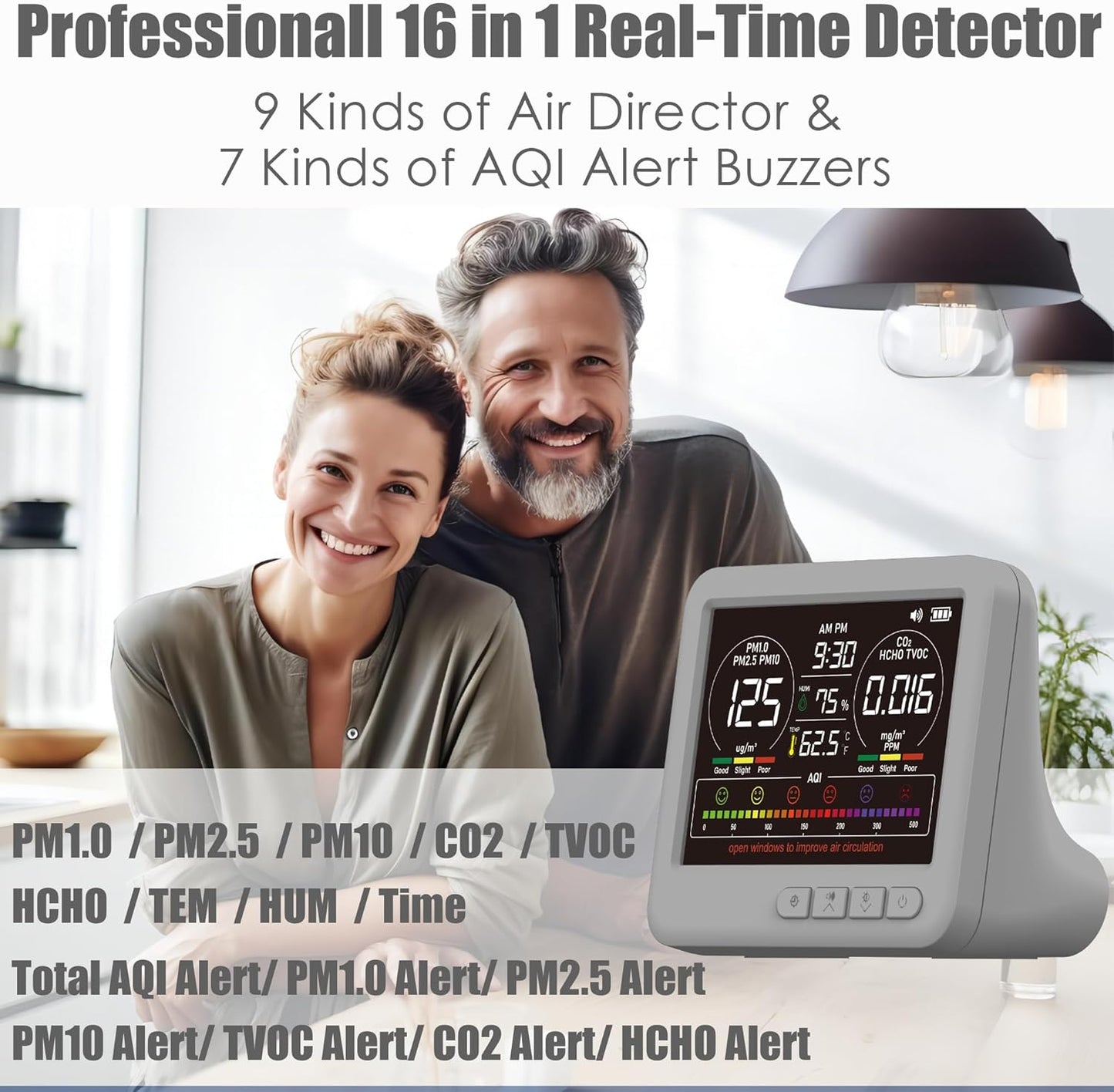 Professional Indoor Air Quality Monitor with 7X AQI,16 in 1 Portable Real-Time Detector for PM2.5 | PM10 | CO2 | TVOC | HCHO | Temp | Hum for Home Cars Plants Pets (Gray)