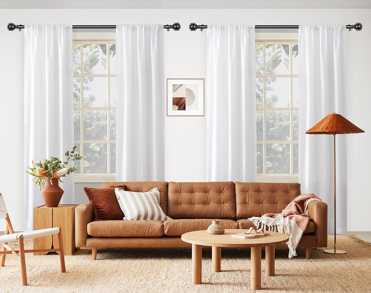 KAMANINA 2 Pack Curtain Rods for Windows 48 to 84 Inch, Black Heavy Duty Curtain Rod Adjustable, 7/8 Inch Single Decorative Drapery Rods 32 to 86 Inch(2.6-7.1Ft), Netted Texture Finials