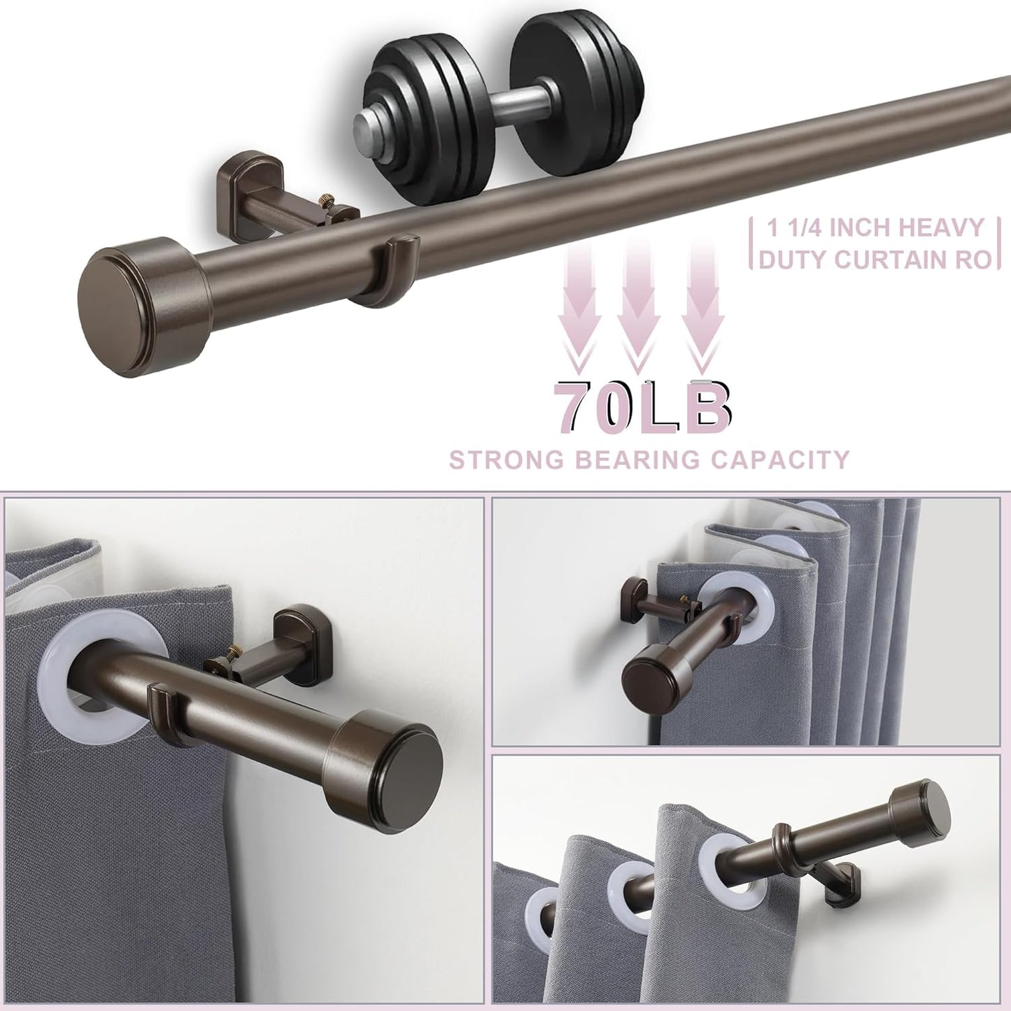 Heavy Duty Curtain Rods,1 1/4" Large Diameter Premium Nonadjustable Curtain Rod,72in/6ft Custom Window Treatment Rods with Durable Aluminum Brackets and End Caps,Dark Bronze Finish