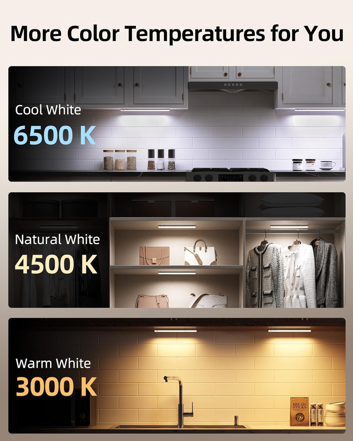 EZVALO 6-Pack Under Cabinet Lighting with Charging Station, 2000mAh Rechargeable Wireless Motion Sensor Lights, 3 Color Temps, Dimmable, Timer, Magnetic, with Remote Control for Kitchen, Closet, Stair