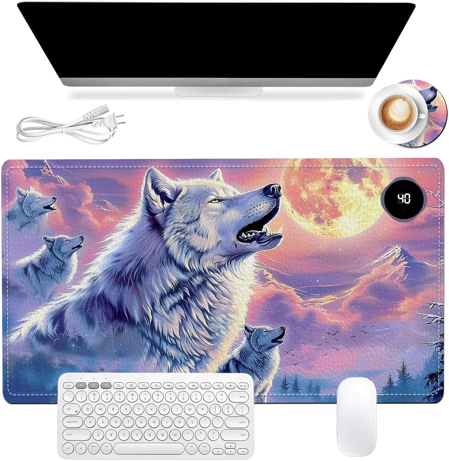 Heated Mouse Pad, Warm Desk Pad, Keyboard Mat 23.6 x 14 Inch Large Size Intelligent Fast Heating, 3 Speed Adjustable, Timed Auto Power Off for Game Office Home, Wolf Howling Under The Moon