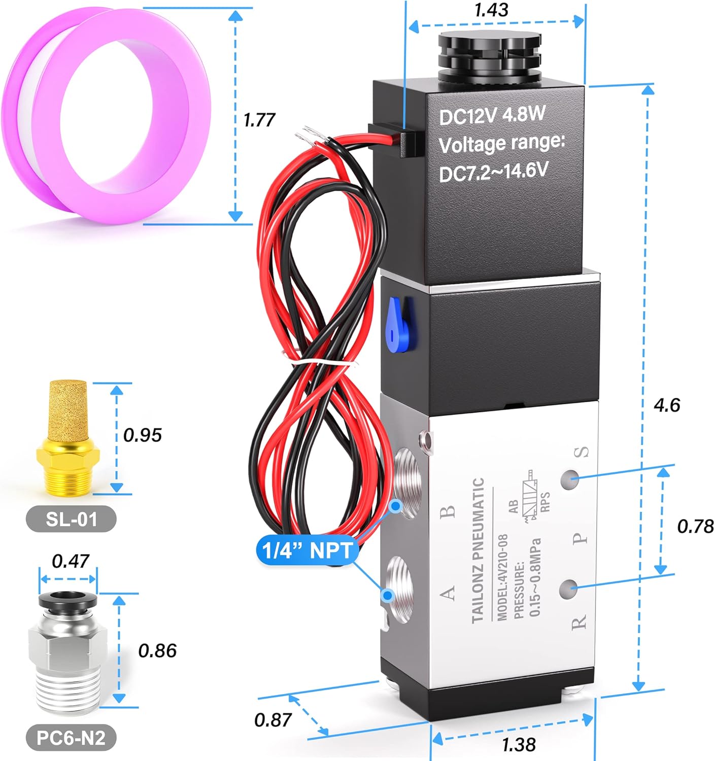 TAILONZ PNEUMATIC 1/4"NPT Solenoid Valve DC12V Single Coil Pilot-Operated Electric 2 Position 5 Way Connection Type 4V210-08 Outlet wire
