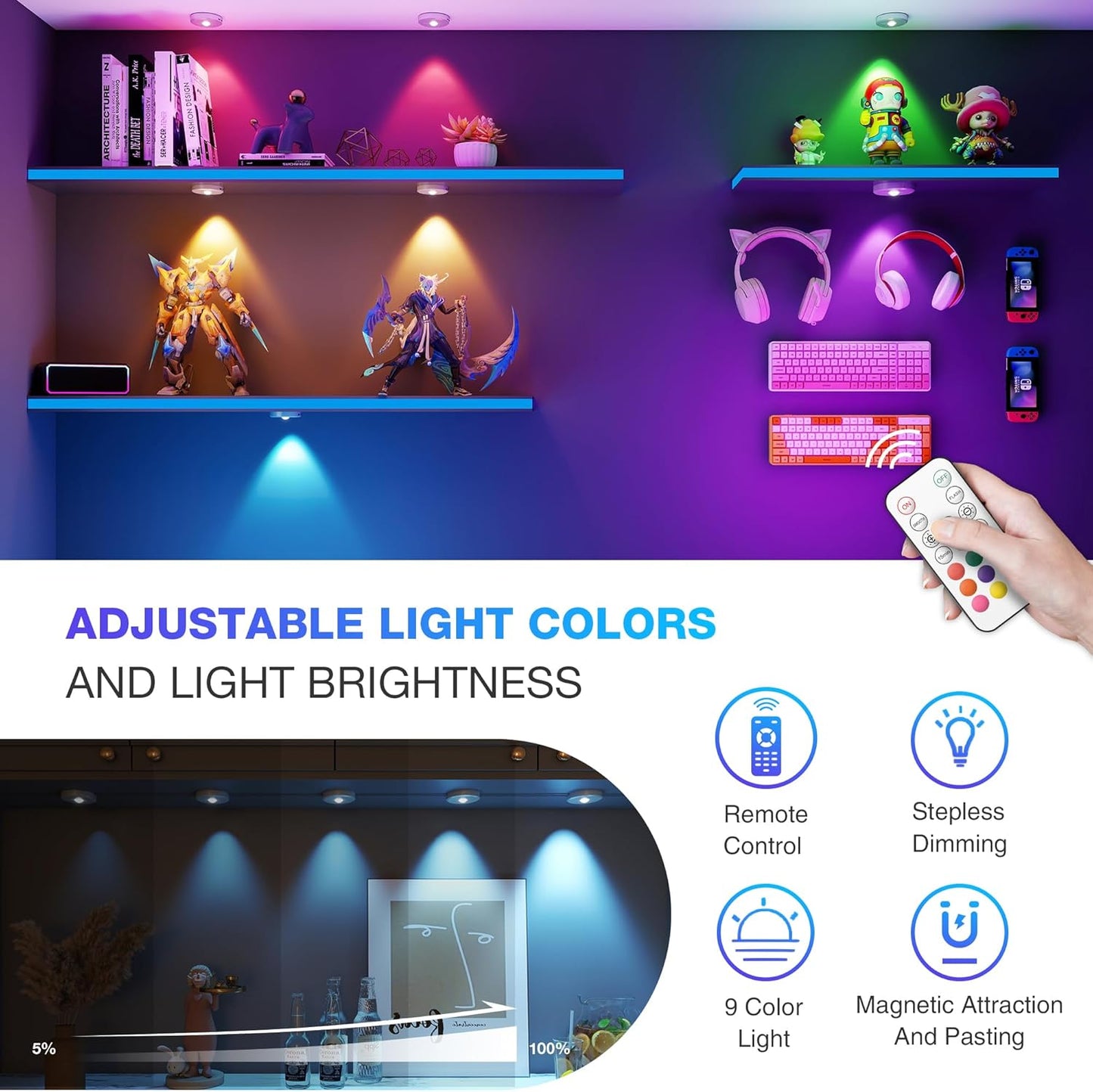 RGB Puck Lights with Remote Control, 2000mAh Battery Operated Tap Lights Rechargeable, 9 Colors & 2 Dynamic Changing Under Cabinet Lighting, Magnetic Stick on Light for Closet(Silver, 5 Pack)