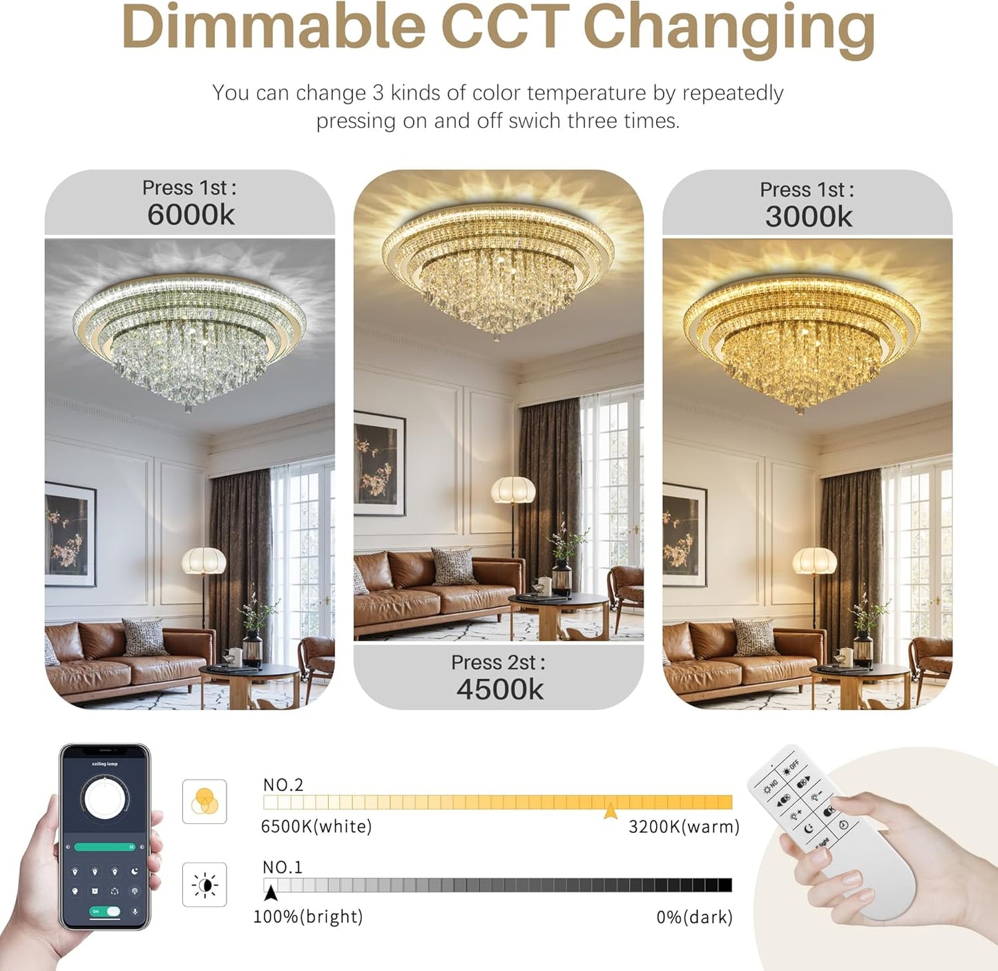 40 inch Flush Mount Crystal Chandeliers with Remote and APP Gold, Modern Elegant LED Crystal Raindrop Ceiling Light Fixture, 3CCT Dimmable, for Living Room Kitchen Island Bedroom Entryway Foyer