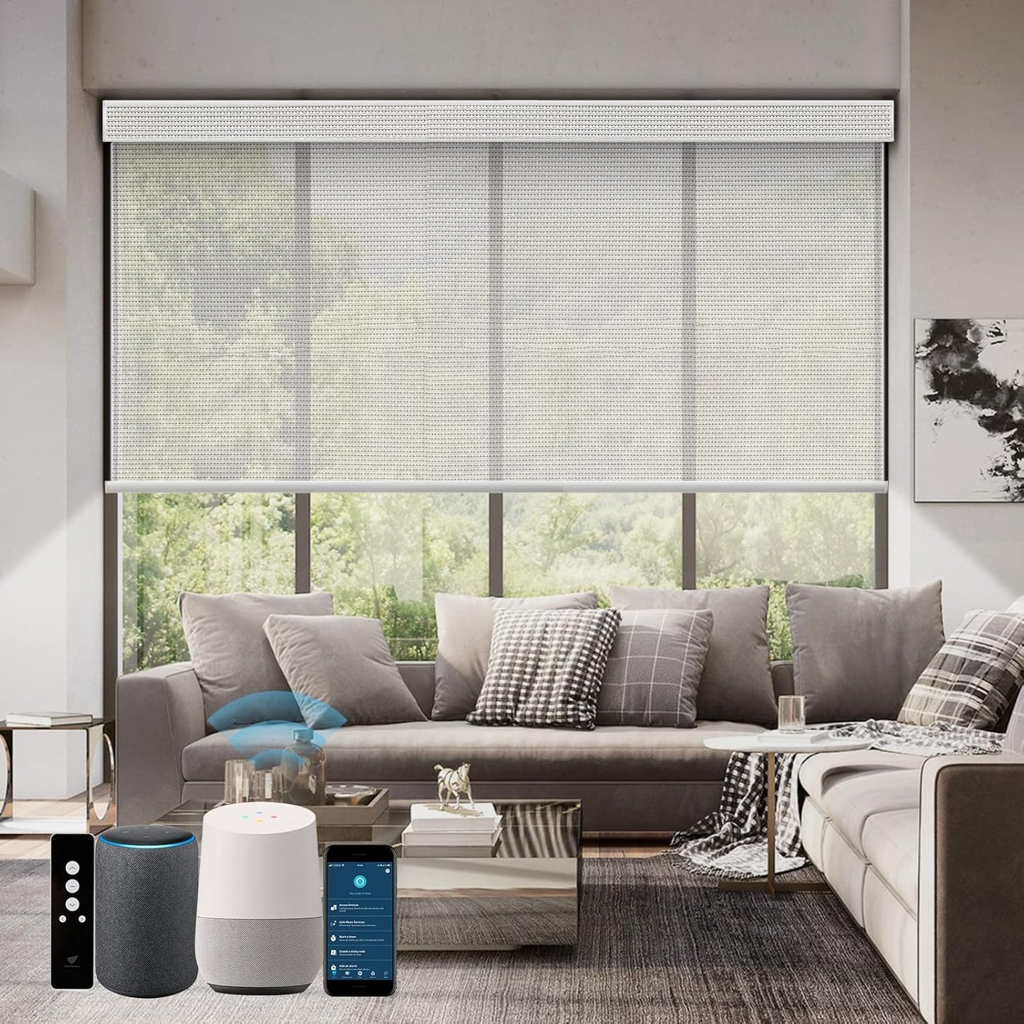 SmartWings Motorized Roller Shades 5% Openness Work with Homekit, Alexa SmartThings Google, Zigbee Motor Smart Blinds for Windows, Cordless Remote Control Window Shades, Rechargeable, Customized, Ice
