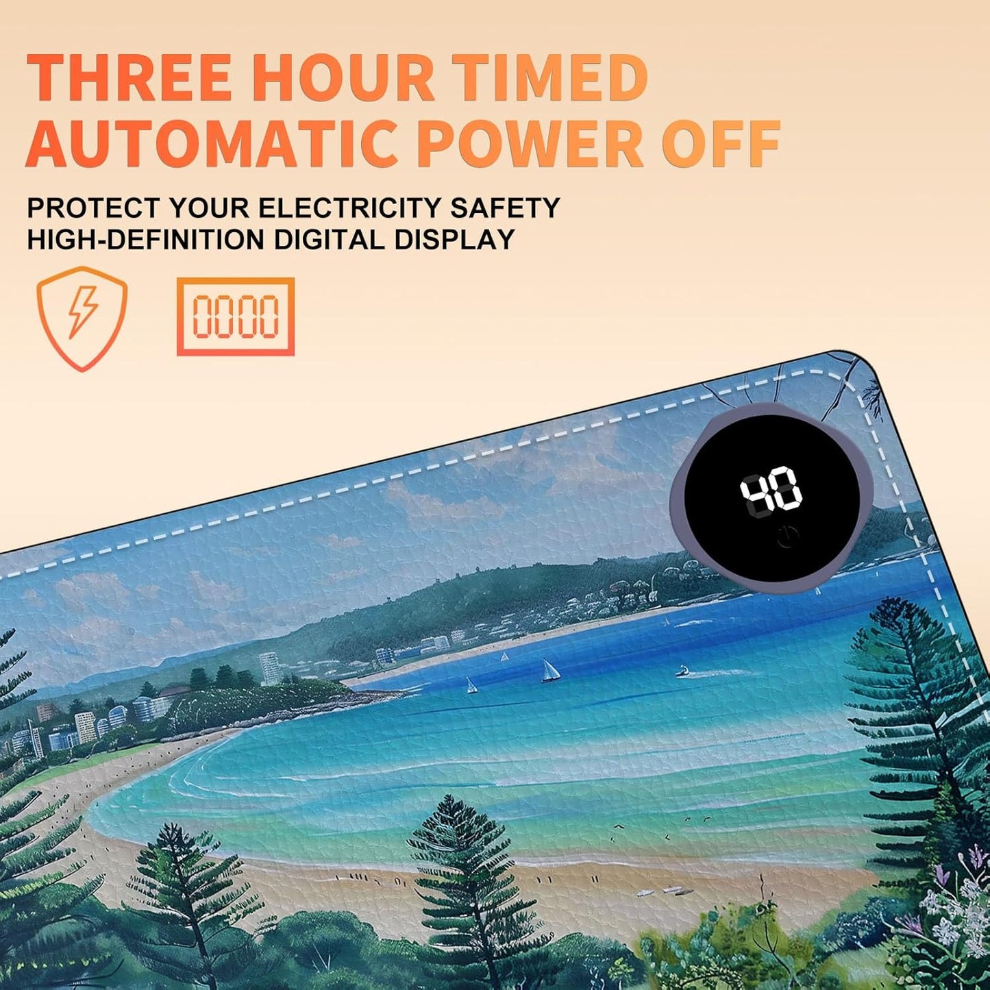 Heated Mouse Pad, Warm Desk Pad, Keyboard Mat 23.6 x 14 Inch Large Size Intelligent Fast Heating, 3 Speed Adjustable, Timed Auto Power Off for Game Office Home, Blue Sea Level Beach Woods
