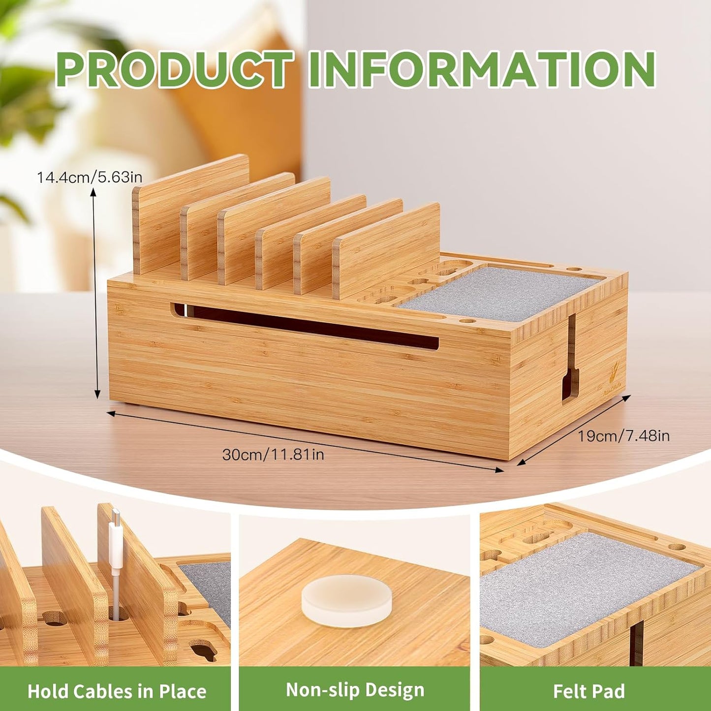 Pezin & Hulin Bamboo Charging Station for Multiple Devices, USB Charger Dock Organizer, with Power Supply (10 Ports HUB), 6 Cables, Cable Management Organizer for Cell Phones, Tablets -Natural Color