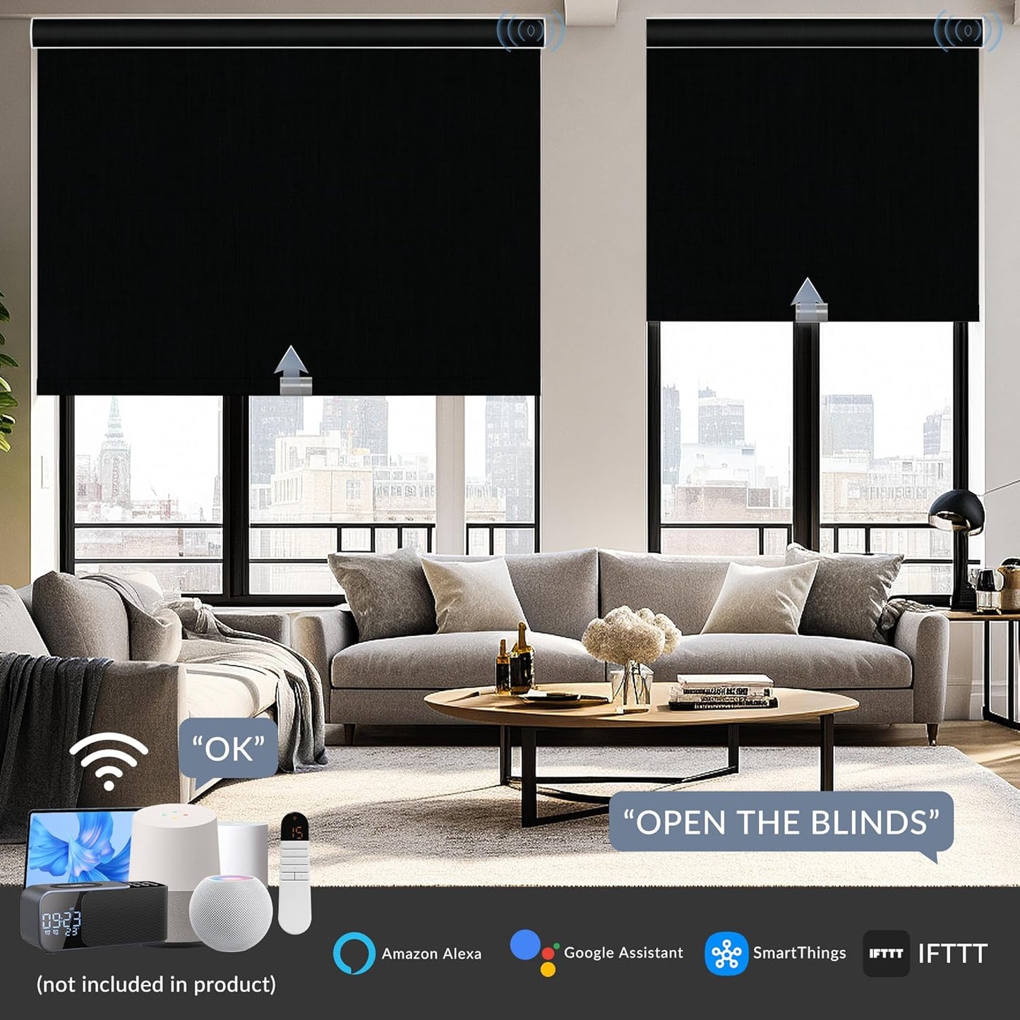 Boolegon Motorized Roller Blinds - 100% Blackout Smart Electric Shades with Remote, Compatible with Alexa/Google Home/HomeKit via Hub, Easy Install for Home Office, Black, Custom Size.
