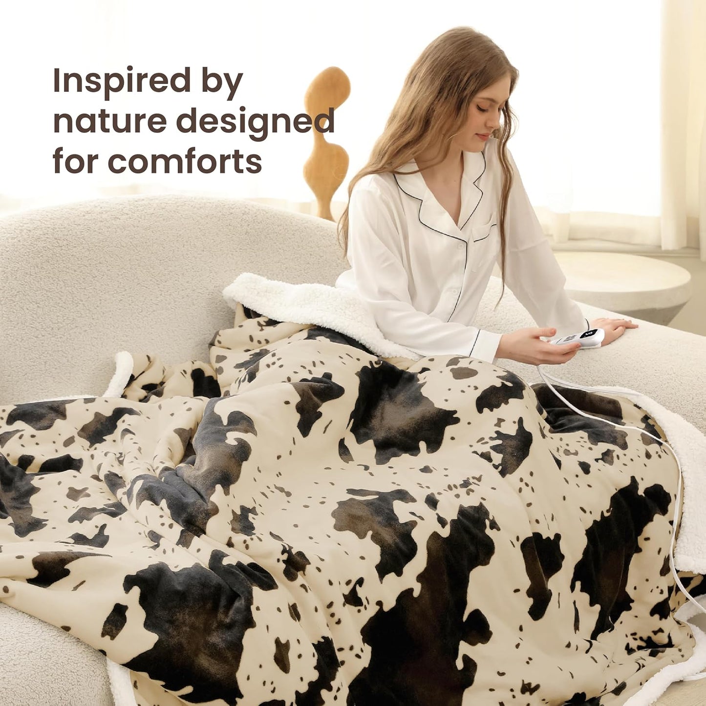Cow Print Heated Blanket Twin-Heating Electric Blanket Twin with 10 Heat Levels & 10 Hours Auto-Off, Cozy Soft Fleece Sherpa, Washable, 62 x 84 Inche Cow Print Light Brown