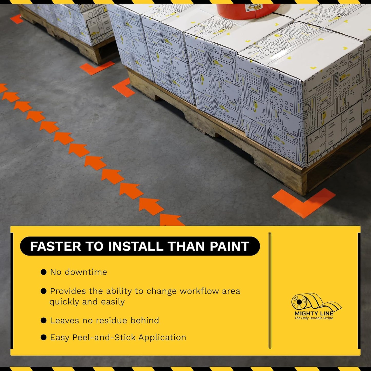 Mighty Line 5.5" Wide Solid Arrows Roll, Directional Sticker Sign Floor Marking Tape for Safety, Caution, Warning, Heavy-Duty, Peel and Stick, Adhesive, Industrial Quality, Orange, Pack of 200