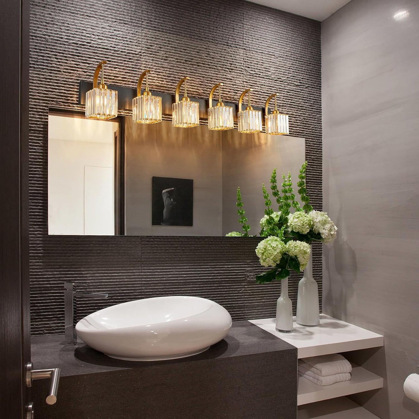 Crystal Vanity Lights 6-Light Black Gold Bathroom Vanity Lights Modern Crystal Bathroom Light Fixtures Over Mirror 51.18" Long Vanity Light for Bathroom