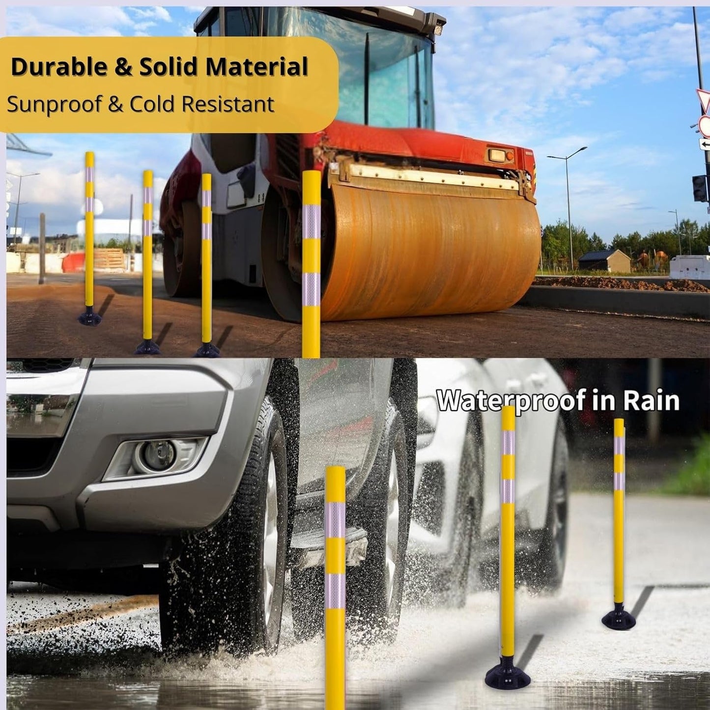 BESEA 8PCS 48" Traffic Delineator Posts with Detachable Base & High-Visibility Reflective Collars,Yellow Durable Flexible Safety Cones for Work Zones, Parking Lots, and Roadways