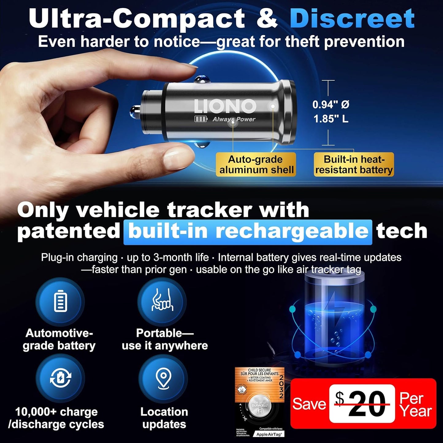 LIONO Car GPS Tracker & Charger with Built-in Rechargeable Battery, GPS Tracker for Vehicles, Hidden Car Tracker for Anti-Theft & Parking Location, for Family& Fleets, No Monthly Fee, No SIM, iOS Only