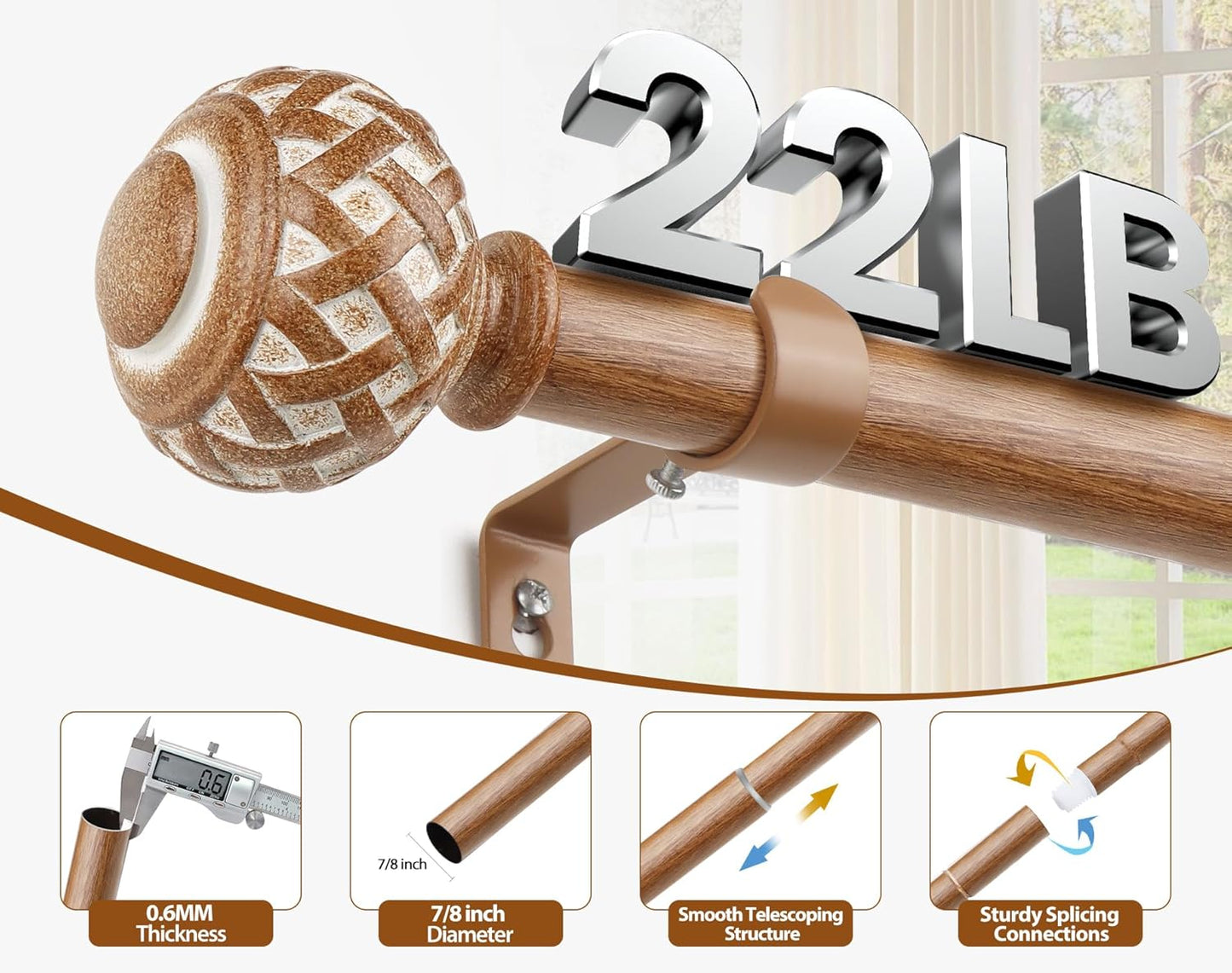TONIAL Wood Curtain Rod 32 to 144 Inches, 7/8 Adjustable Curtain Rods for Windows 20 to 140 Inches, Splicing Drapery Rods Decorative with Netted Texture Finials