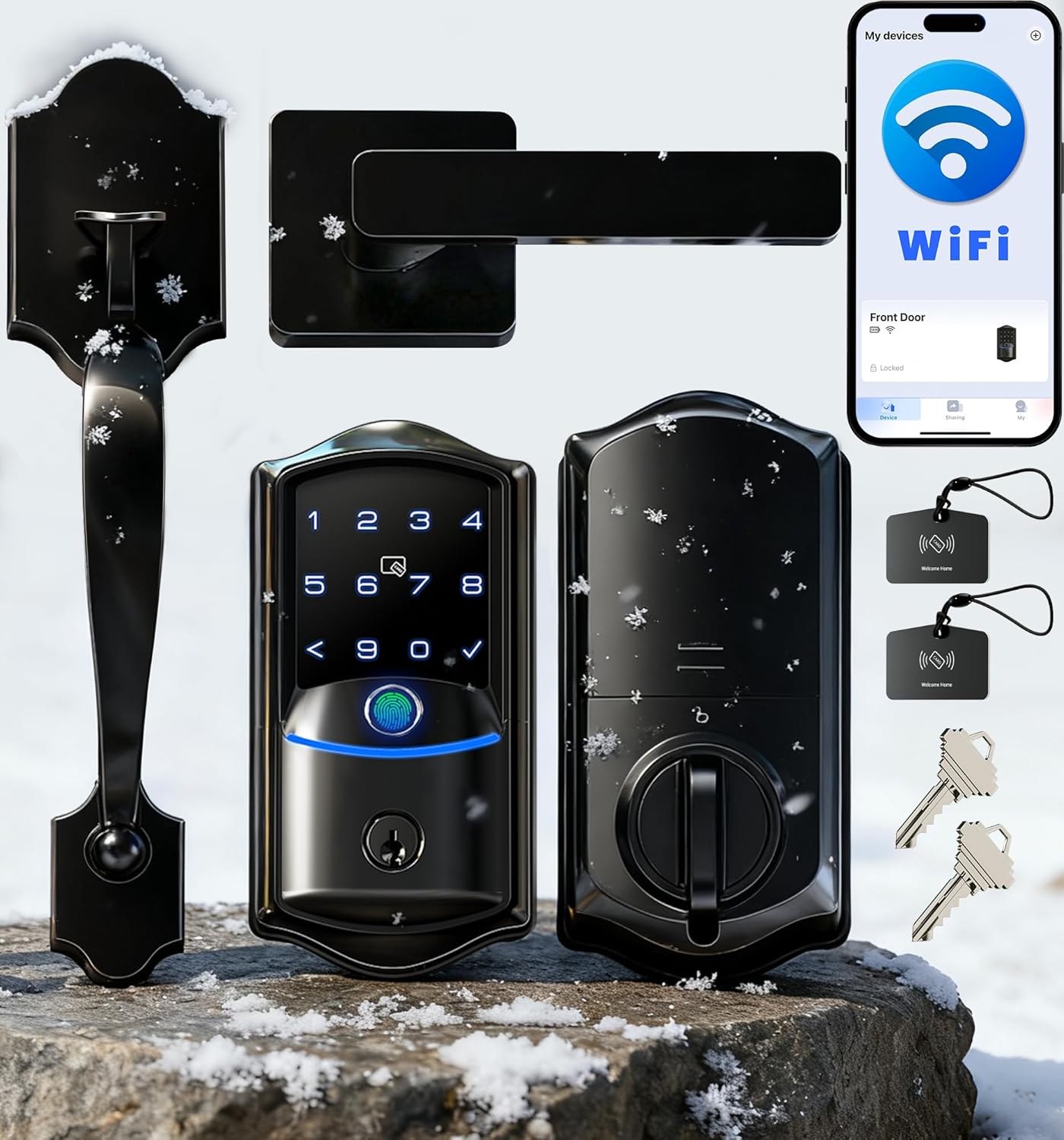 Veise VE027-H WiFi Fingerprint Smart Deadbolt Lock with Handleset, App Remote Control, Keyless Entry Front Door Lock Set, Built-in Wi-Fi, Touchscreen Keypad, Auto-Lock, Easy Setup, Matte Black
