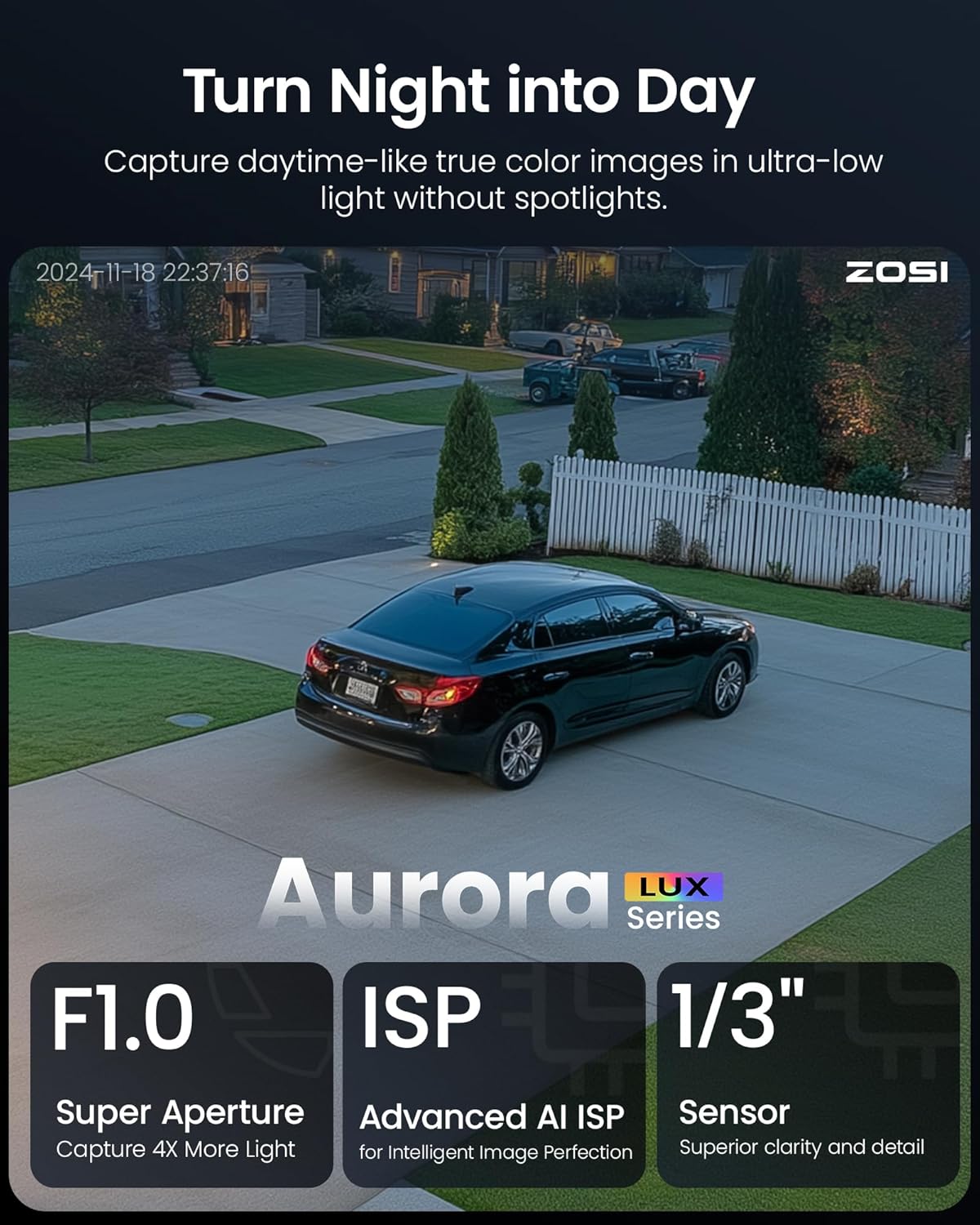 ZOSI C186 5MP 3K Aurora Lux True Color Night Vision PoE IP Security Camera, Smart Person/Vehicle Alerts for Outdoor Indoor Surveillance, Light & Siren Alarms, Two-Way Talk, with Our NVR or PoE Switch
