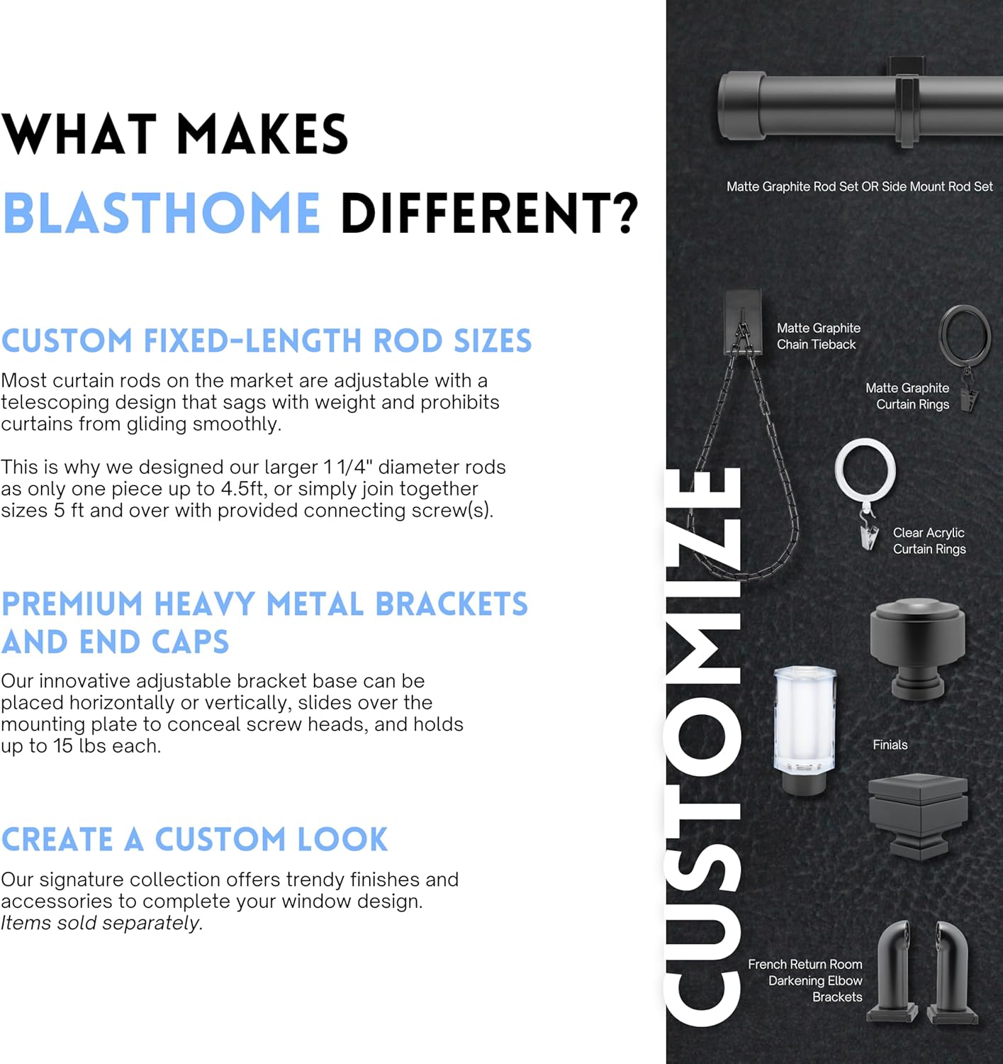 BlastHome® Non-Adjustable Luxury Curtain Rods for Windows, 1 ¼” Rod Set, 10 foot Fixed Length (Three Rods Connect for a Seamless Look), Matte Graphite