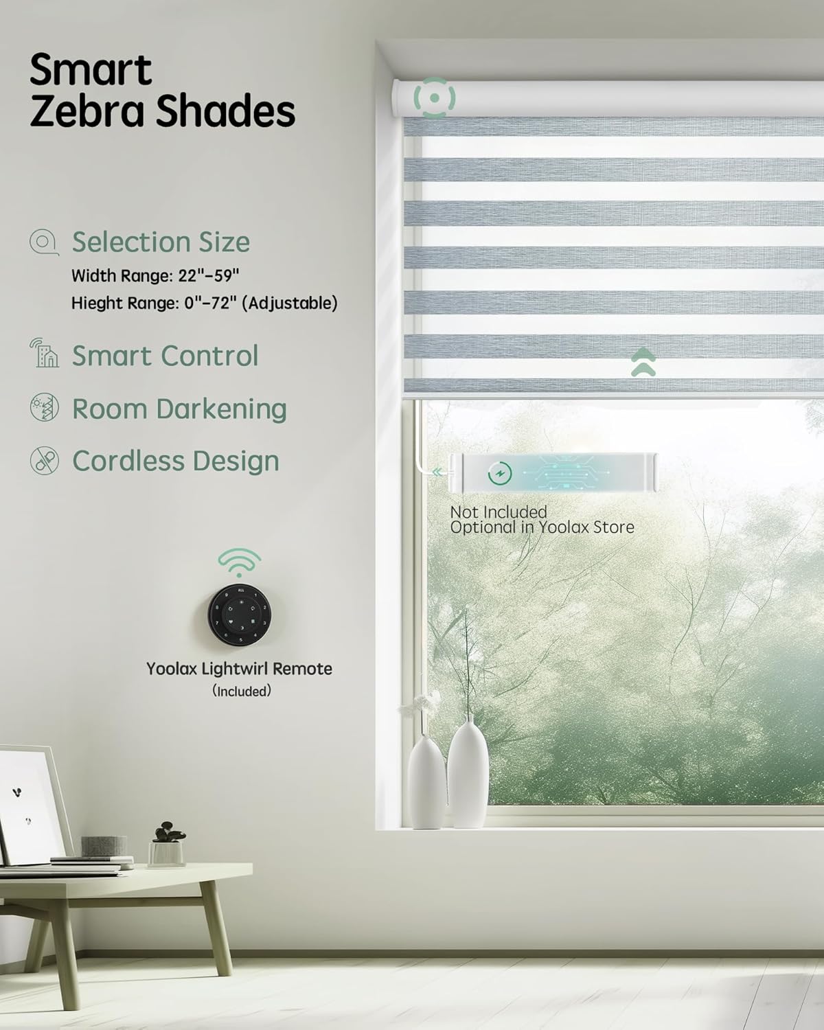Yoolax Motorized Blinds with Remote, Electric Zebra Blinds for Indoor Windows, Room Darkening Smart Shades with Voice Control, Compatible with Alexa Google Home, APP Control, 46" W x 72" H, Grey