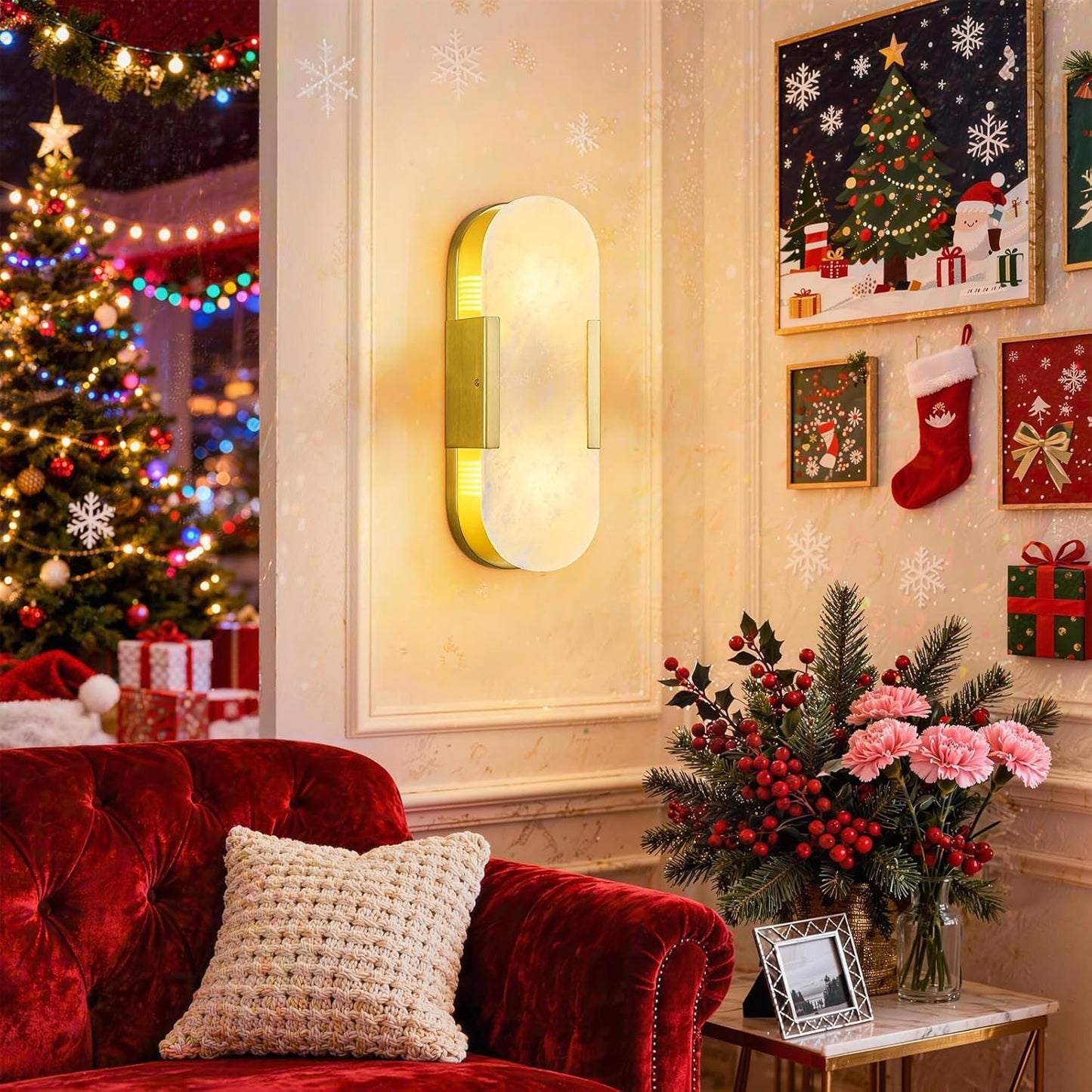 Brass Alabaster Wall Sconce, Modern Natural Marble Wall Sconces for Indoor Lighting, 13.8 in Gold Wall Lights for Bathroom Dining Room Stairs Bedroom (1-Pack)