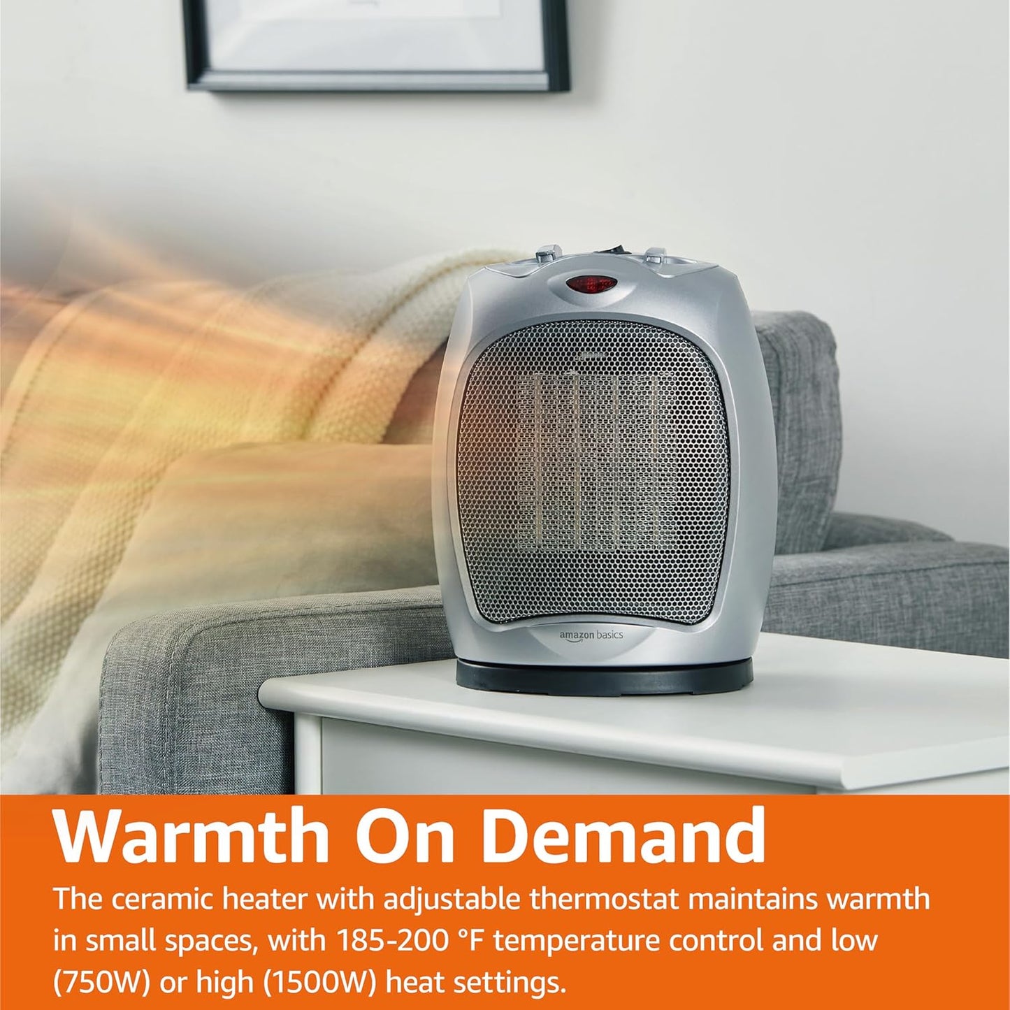 Amazon Basics Oscillating Ceramic Space Heater, Portable Indoor Heating Solution, With Overheat and Tip-Over Protection, Thermostat, 1500W, 7.52"D x 6.34"W x 9.45"H, Silver