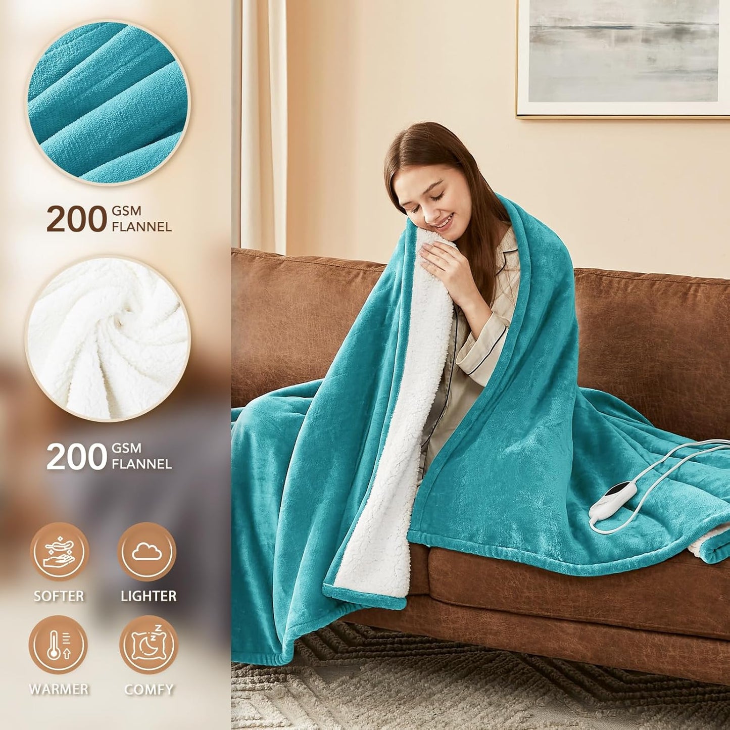 Homemate Electric Heated Blanket Queen Size - 84"x90" Heating Blanket Queen Size Dual Control 1/2/4/6/8 Hours Auto-Off 10 Heat Level Over-Heat Protection Flannel Sherpa ETL Certification