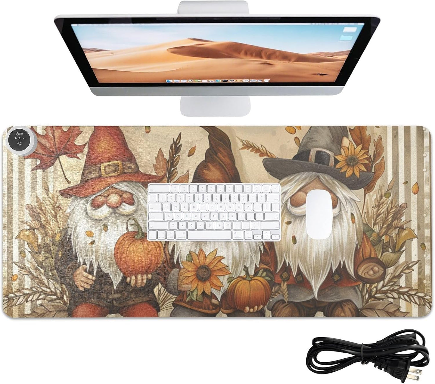Heated Desk Pad Mouse Pad 31.5x13 Inch PU Leather Desk Mat with 3 Heat Levels Large Mouse Gaming Computer Laptop Mat Gnomes Maple Leaf