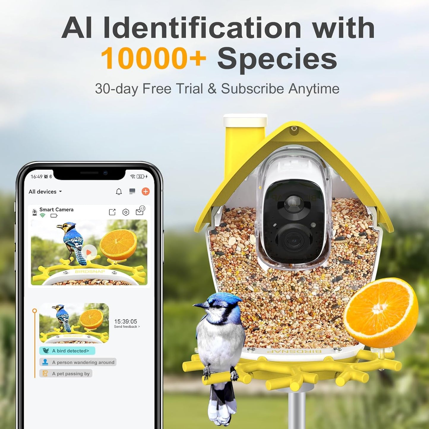 birdsnap® MON - Bird Feeder with Camera, 2K Detachable Video Bird Feeder Live with 32GB Card Fruit Fork, AI Identify Feather Species, Auto Record in Backyard, Ideal Gift for Birds Lover