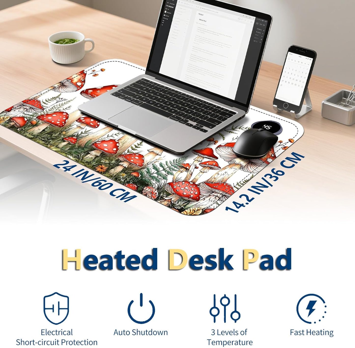 Heated Mouse Pad with 3 Temperature Settings(104°F–122°F),Large 24x14.2 Inch PU Leather Heated Desk Mat,Waterproof Warming Pad for Office,Gaming & Cold Hands Relief,Red Mushroom