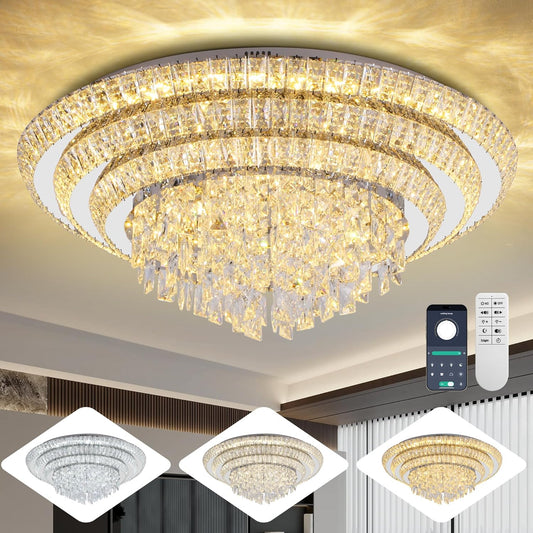 COCOSTAR 30 inch Flush Mount Crystal Chandeliers with Remote and APP, Modern Elegant LED Crystal Raindrop Ceiling Light Fixture, 3CCT Dimmable, for Living Room Kitchen Island Bedroom Entryway Foyer
