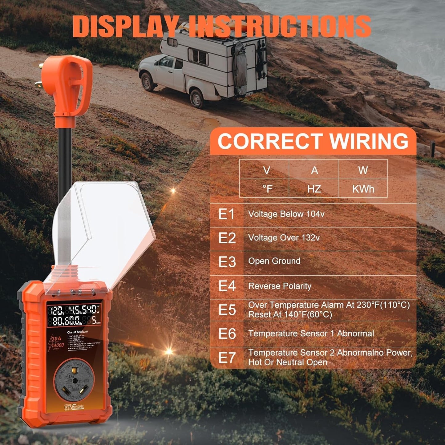 30 Amp RV Surge Protector 14,000J with Smart LED Display & Real-Time Voltage/Current/KWH Monitoring, Auto Shutoff/Reset, High/Low Voltage, Waterproof, Circuit Analyzer, Clear Error Codes for Campers