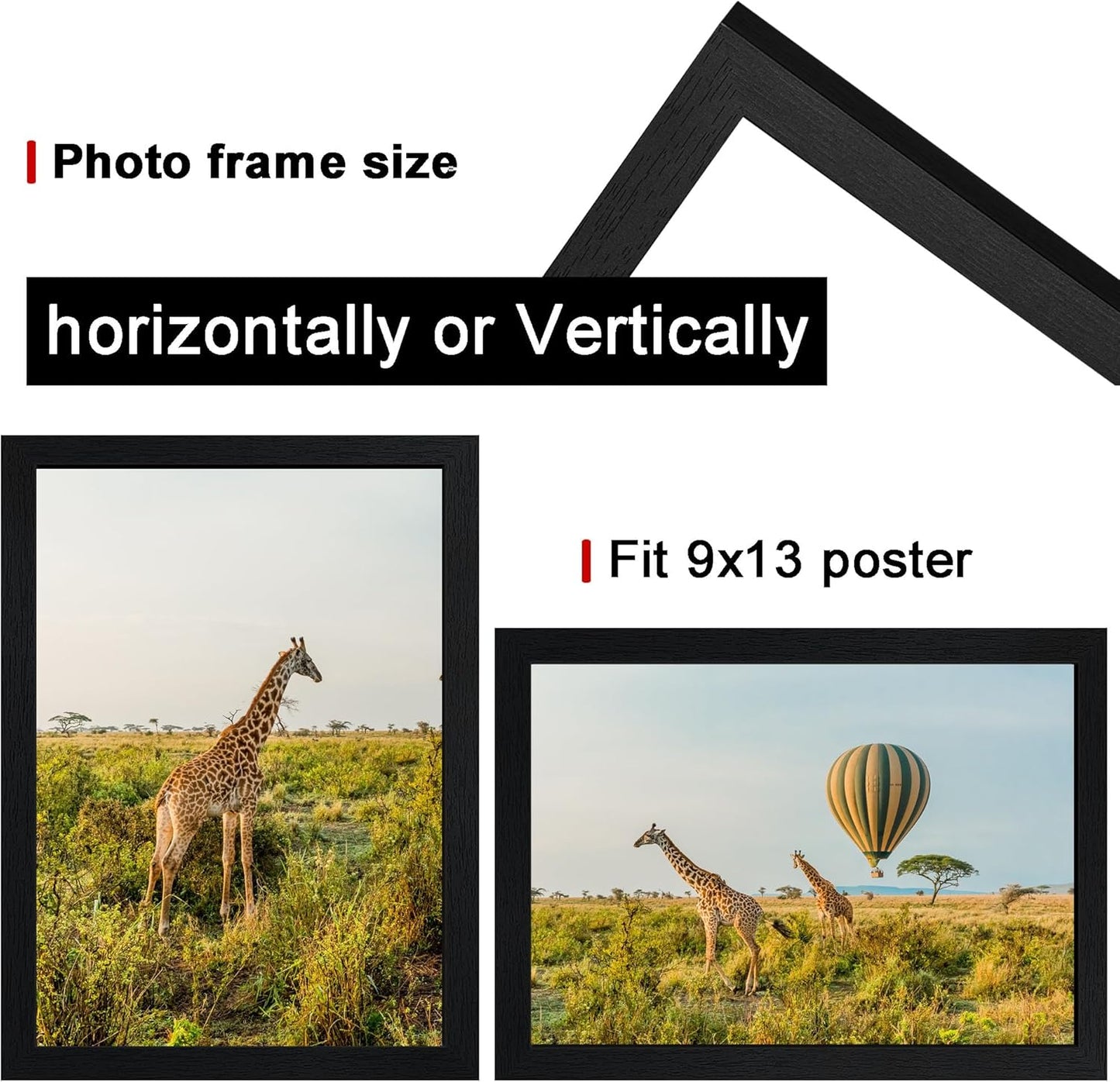 9 x13 Picture Frame Set of 3, 9 x13 Black Wooden Frame Wall Gallery Poster Photo frame with Shatter Resistant Plexiglass,Horizontal and Vertical Formats for Wall Hanging, best gift