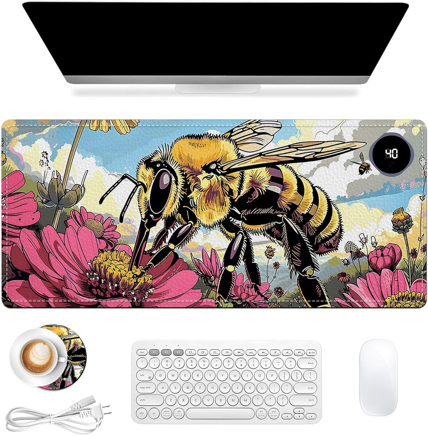 Heated Mouse Pad, Warm Desk Pad, Keyboard Mat 31.5 x 13 Inch Large Size Intelligent Fast Heating, 3 Speed Adjustable, Timed Auto Power Off for Game Office Home,Bees Collect Honey