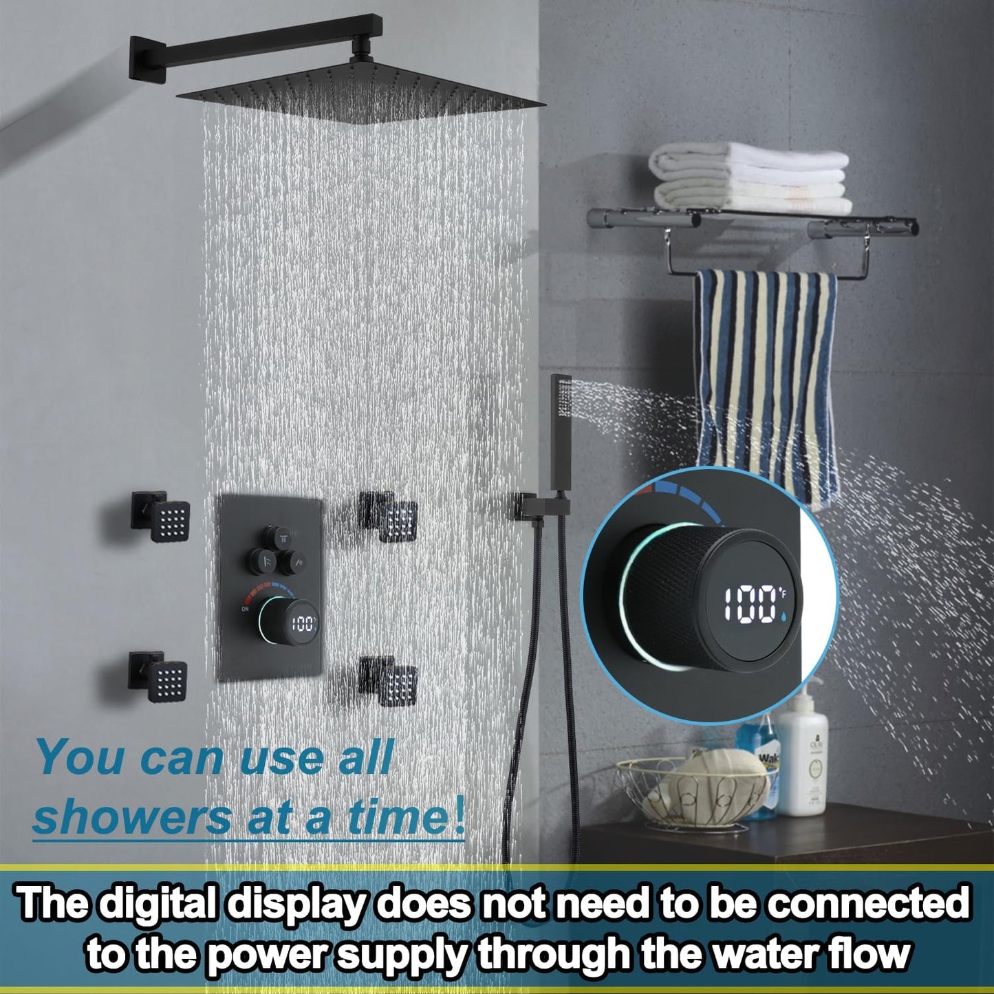 Solid Brass Shower Mixer Valve, Concealed 3 Way Outlet LED Digital Display Diverter Valve, Can Use All Options at A Time Black