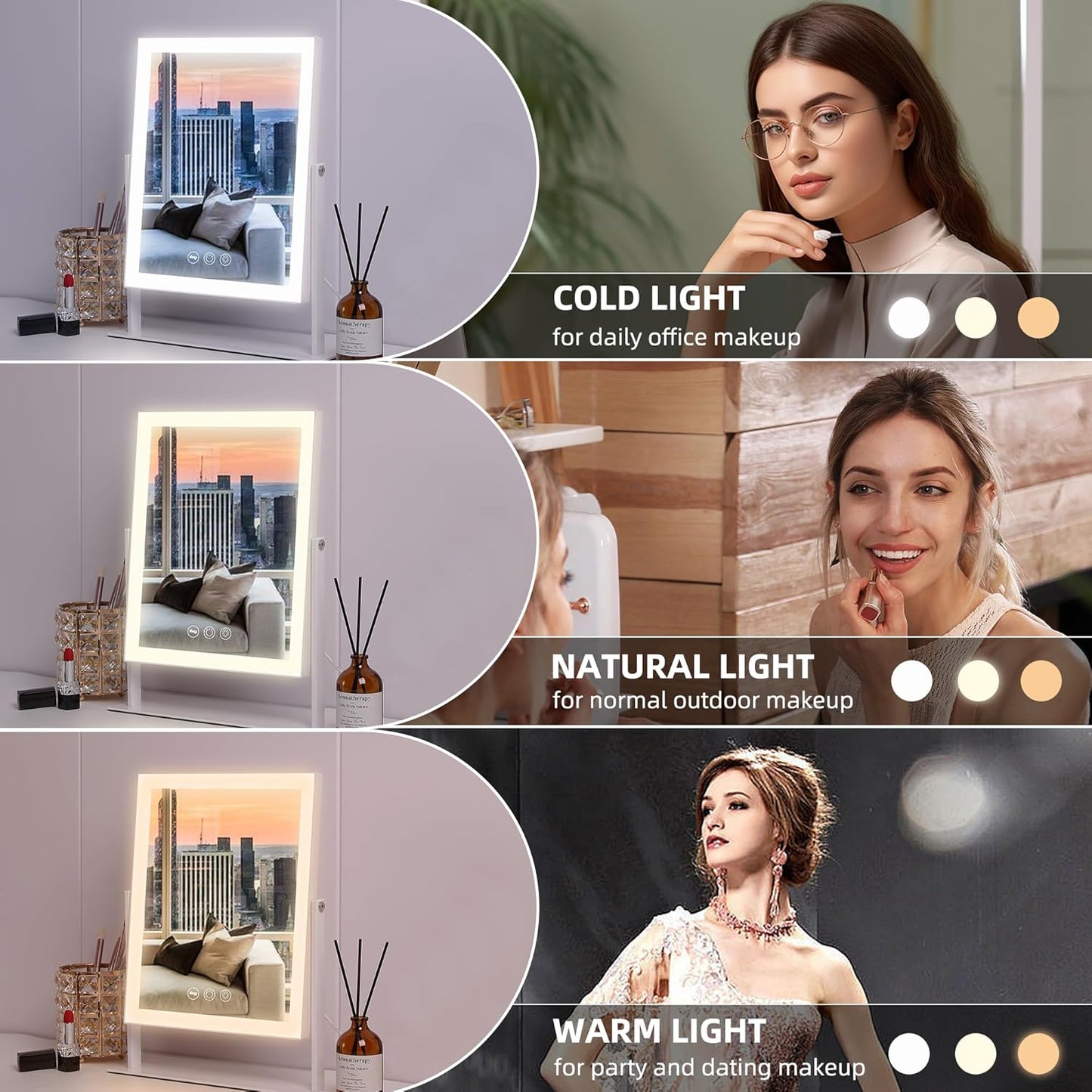 VANITII Vanity Mirror with Lights LED Lighted Makeup Mirror with Magnification 9”x12” Hollywood Mirror 3 Color Lighting 360 Rotation Smart Touch Control for Desktop Dormitory Bedroom